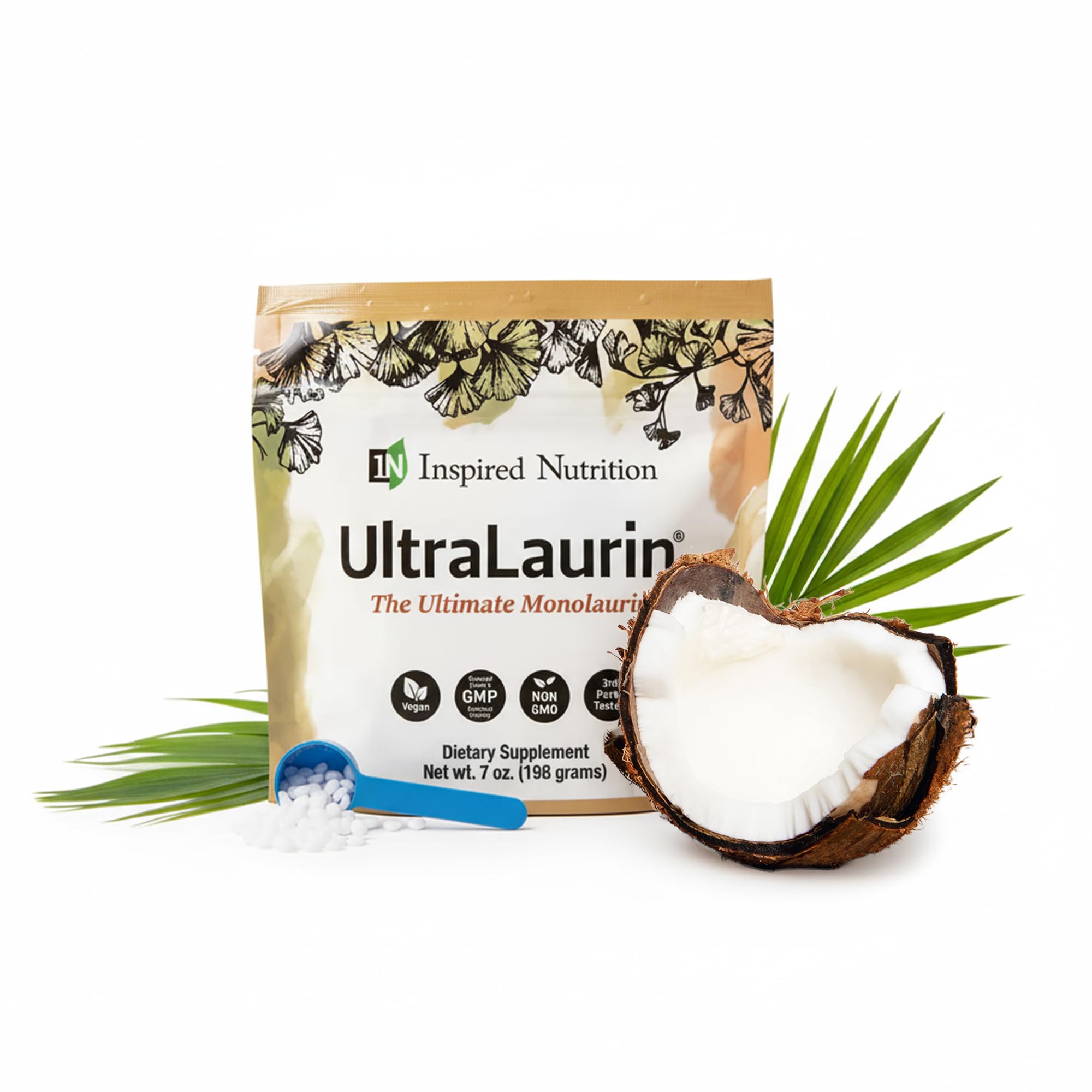 UltraLaurin pellets dans le bocal Inspired Nutrition, pratique à doser au quotidien.