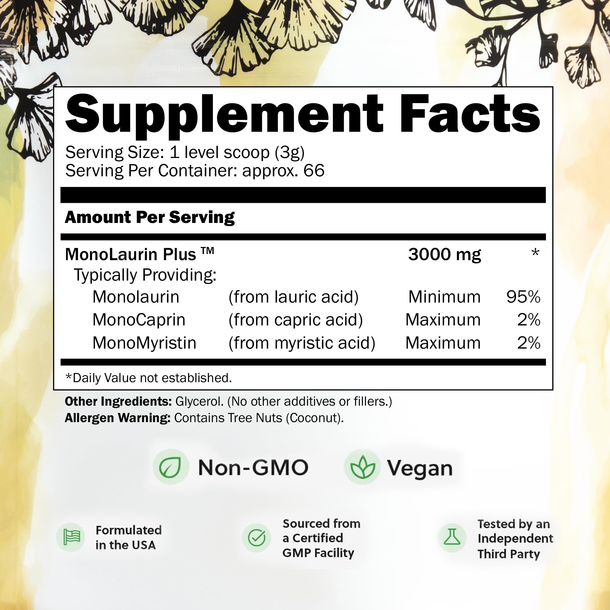 Étiquette claire sur l'emballage Inspired Nutrition UltraLaurin pour lire facilement les informations.