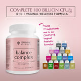 Balance Complex: tableau d'ingrédients probiotiques et prébiotiques pour l'équilibre intime.