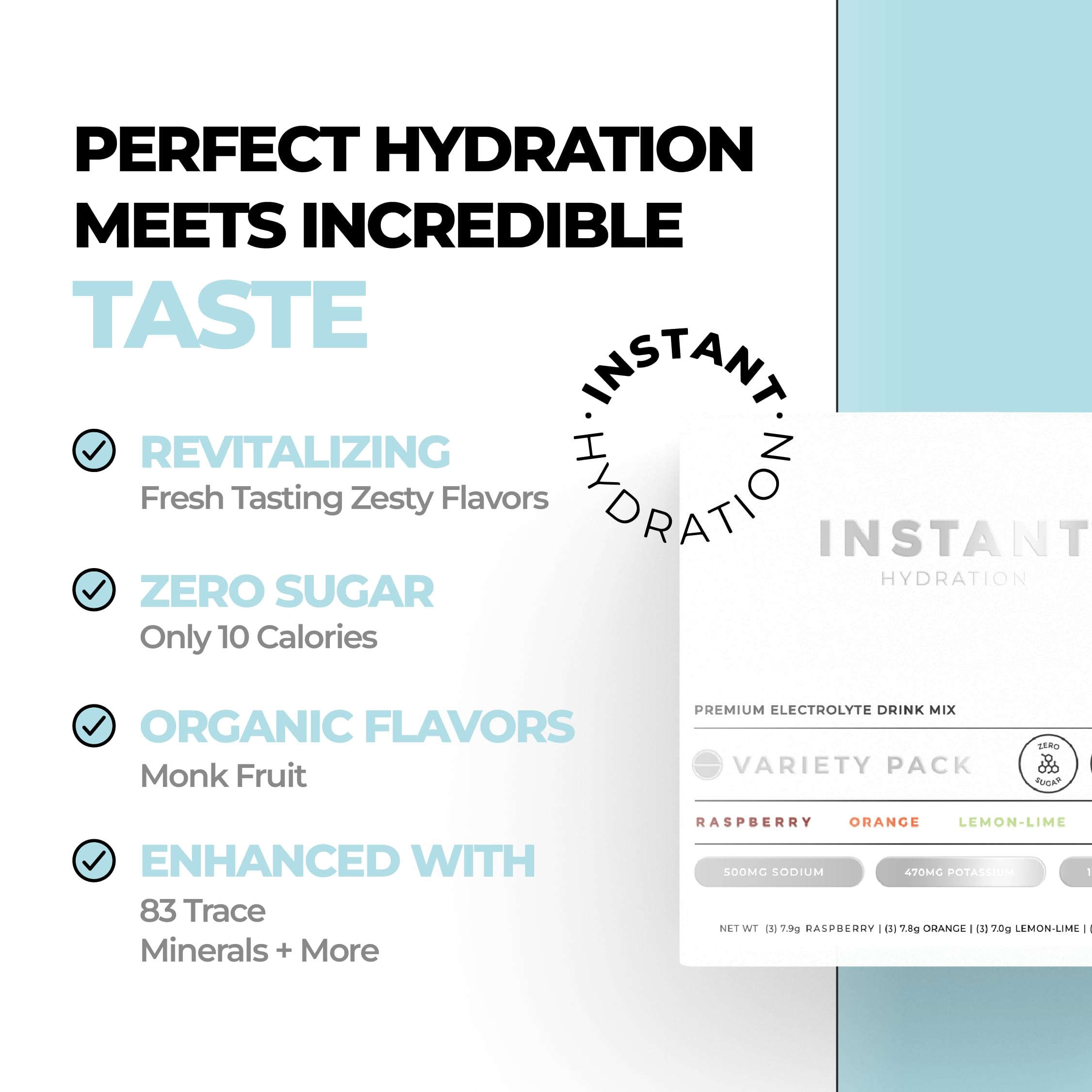 Instant Hydration Sachet Variété : variété de goûts sans sucre ajouté.