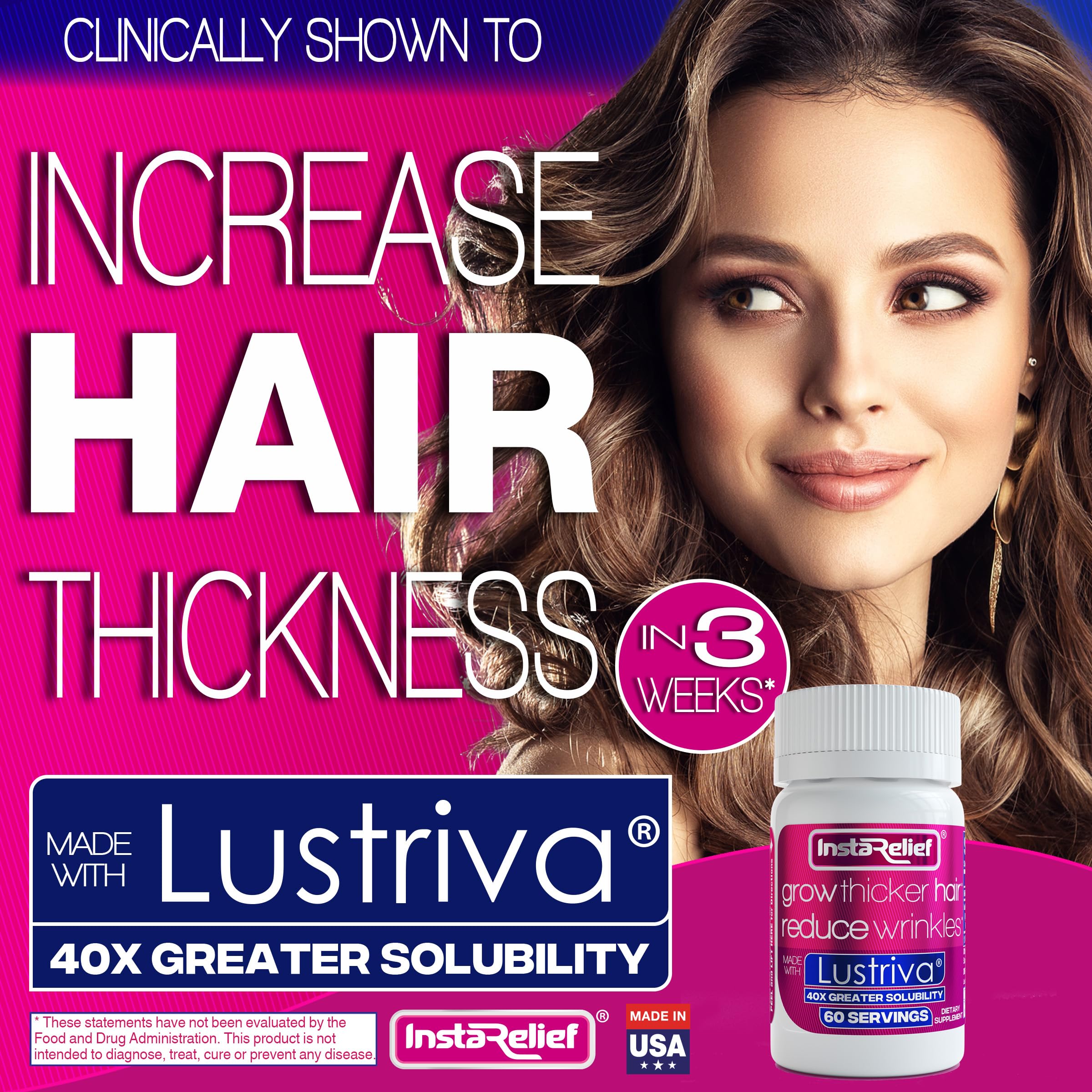 InstaRelief Croissance des cheveux Lustriva tablettes 60 gros-plan illustre une routine quotidienne pratique