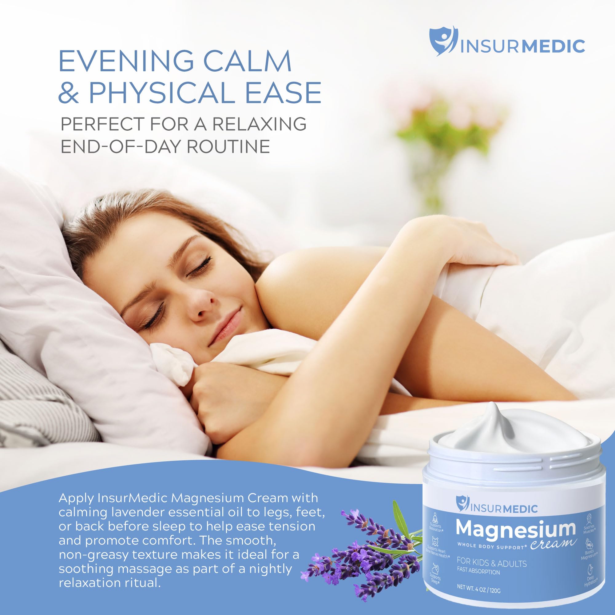 Bouquet de lavande avec le flacon InsurMedic Crème Magnésium, pour relaxation nocturne.