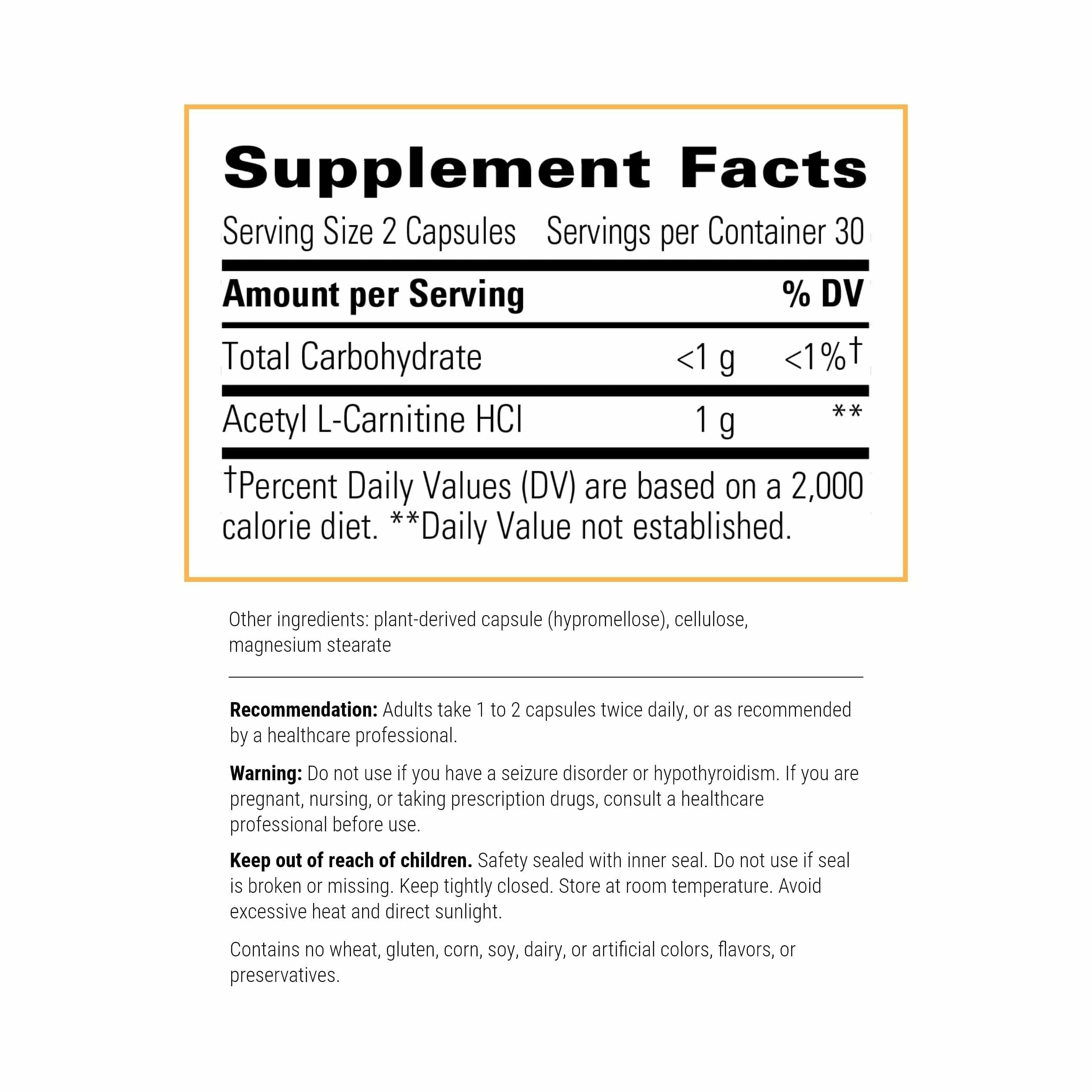 Gélules Integrative Therapeutics Acetyl L-Carnitine, faciles à avaler pour utilisation quotidienne.