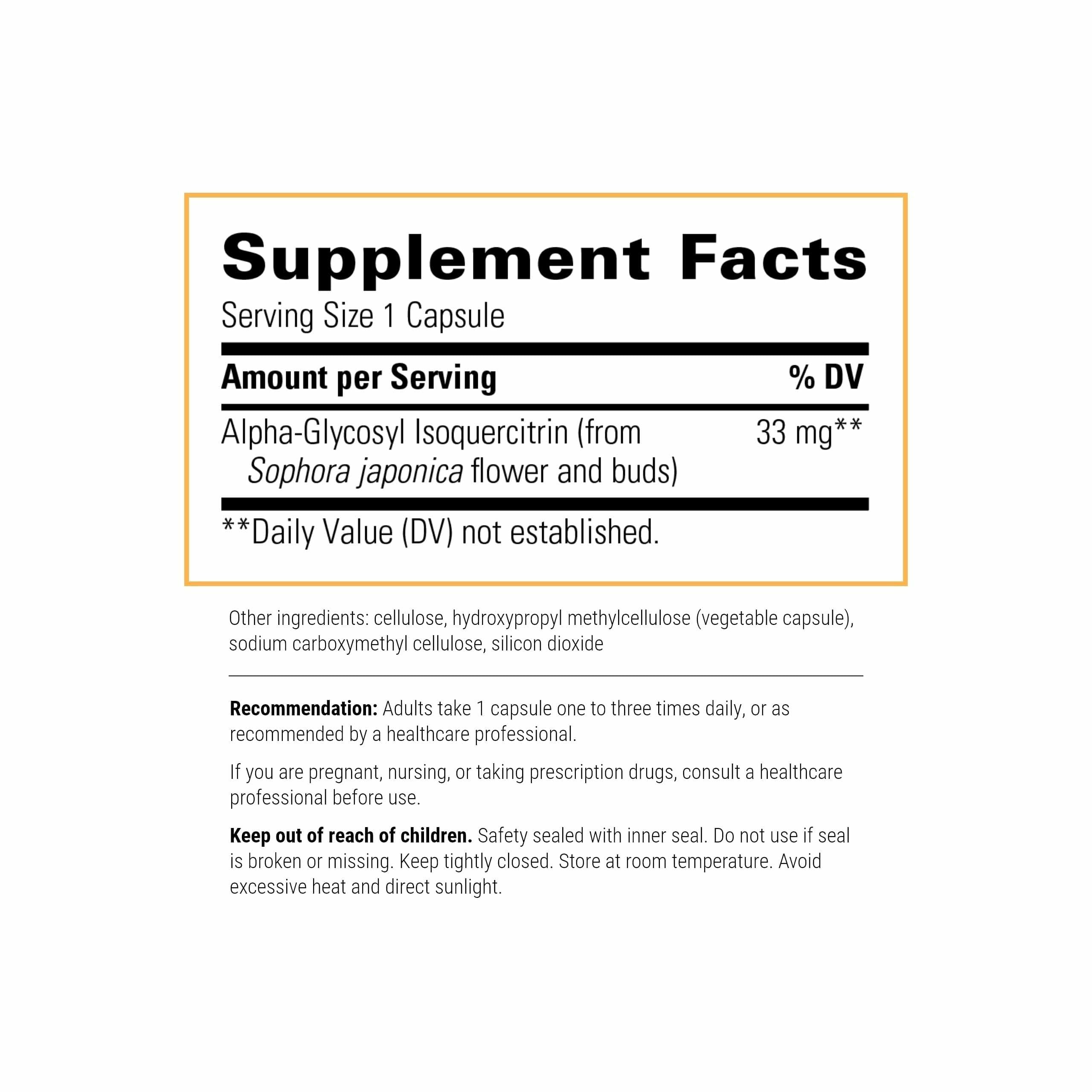 Etiquette du produit Alpha-Glycosyl Isoquercitrin – informations claires et utiles.