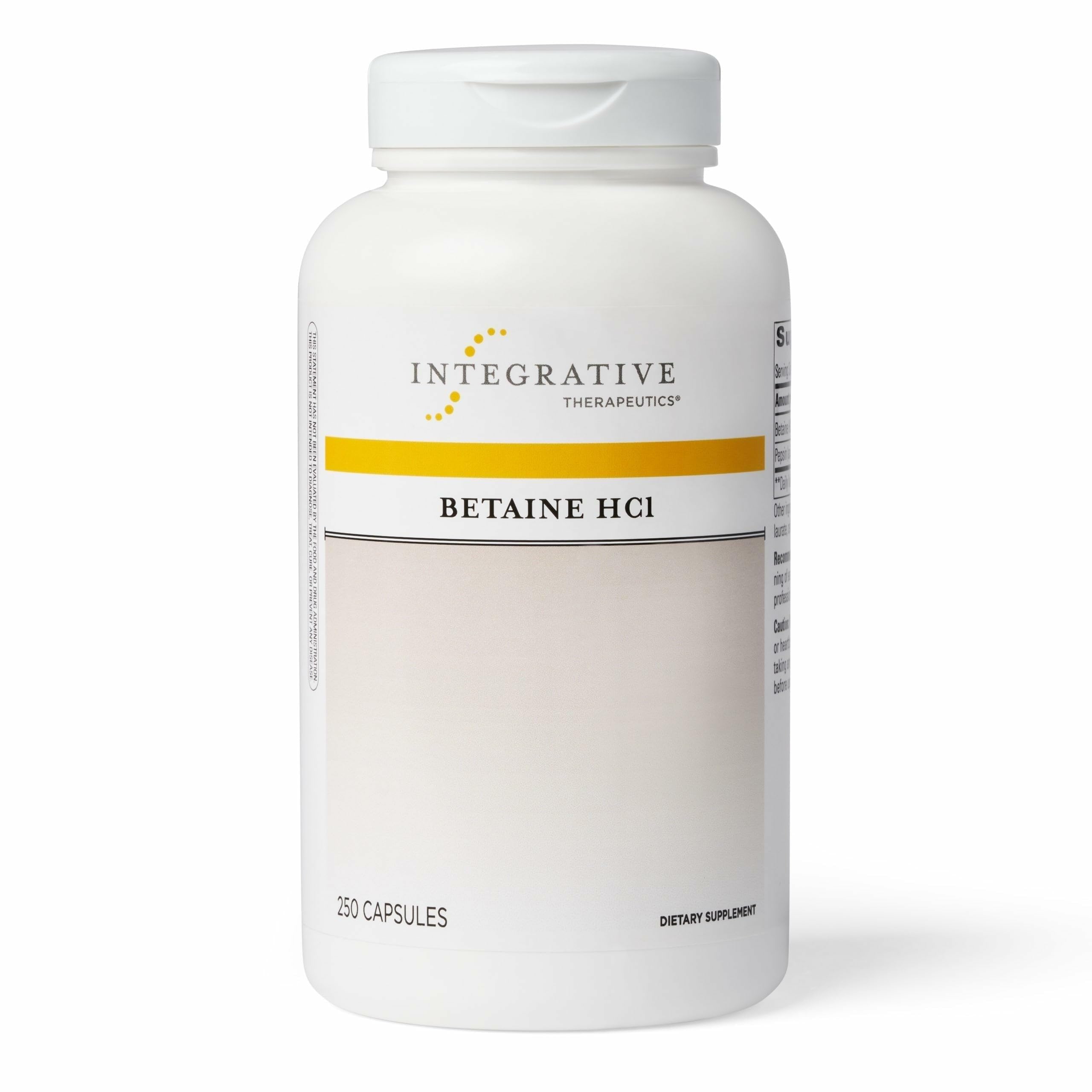 Integrative Therapeutics Betaine HCl bouteille et étiquette, soutien digestif potentiel