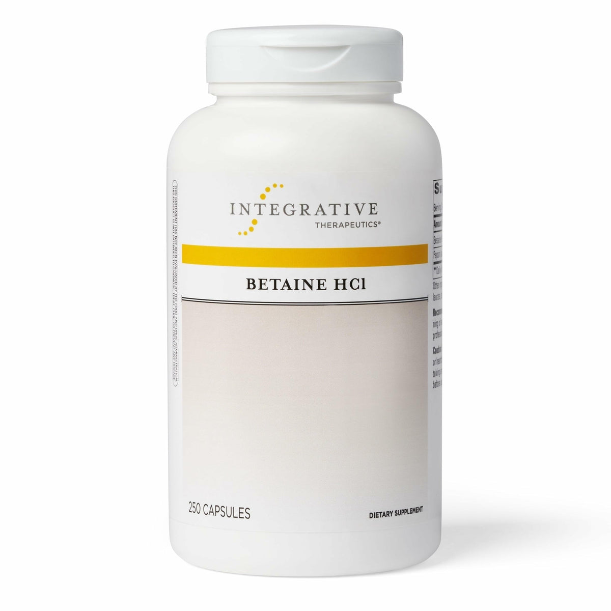 Integrative Therapeutics Betaine HCl bouteille et étiquette, soutien digestif potentiel