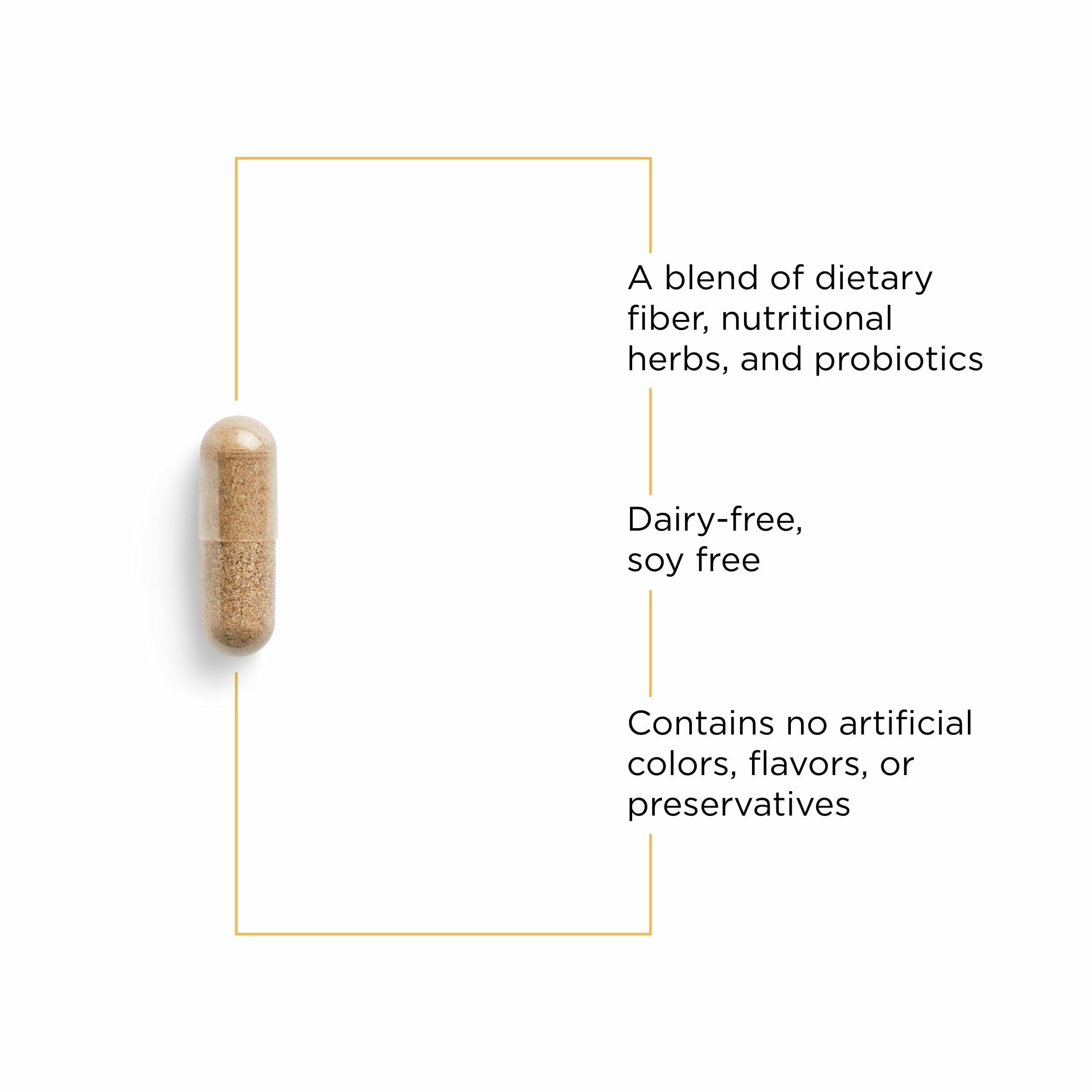 Blue Heron d' Integrative Therapeutics – Capsules visibles, apport fibres et probiotiques.