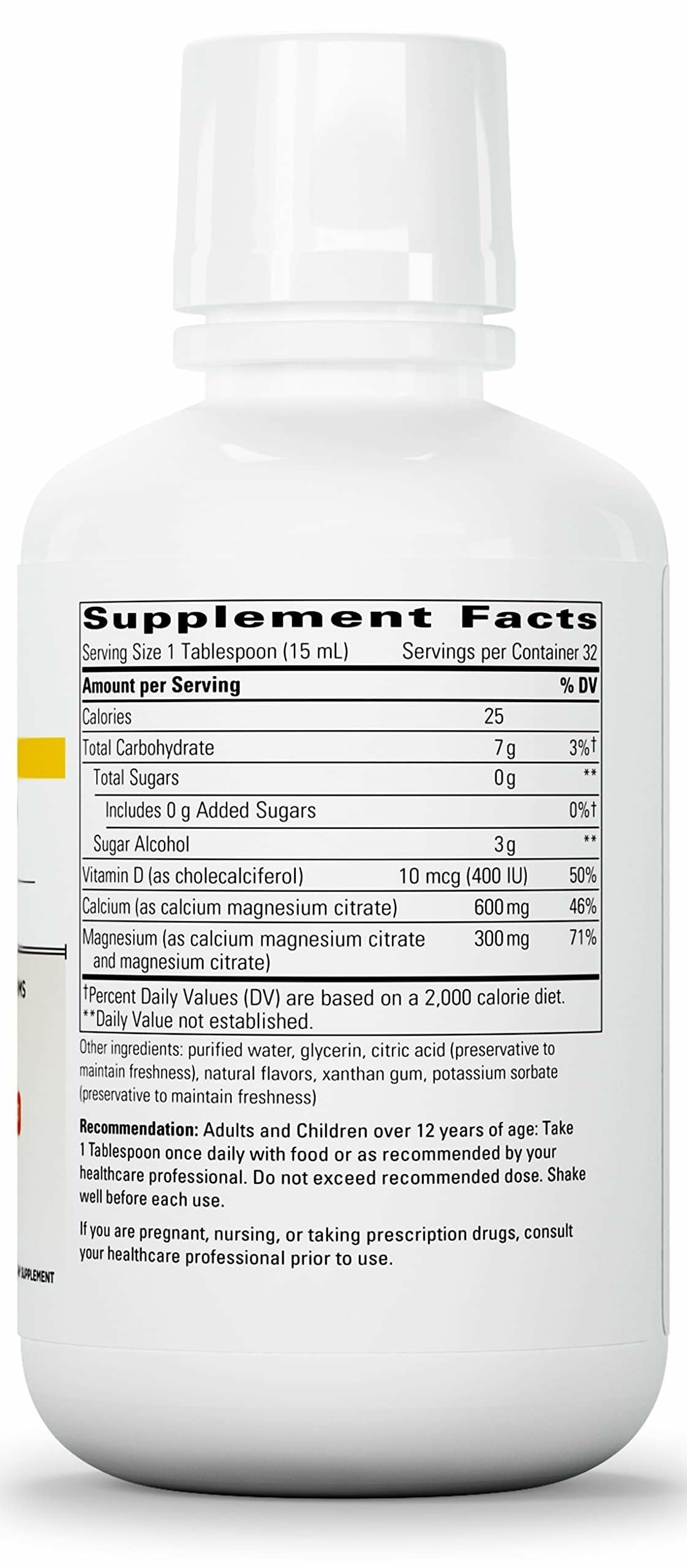 Calcium Magnésium liquide Integrative Therapeutics 2:1, cuillère-doseuse orange vanille, dosage pratique.