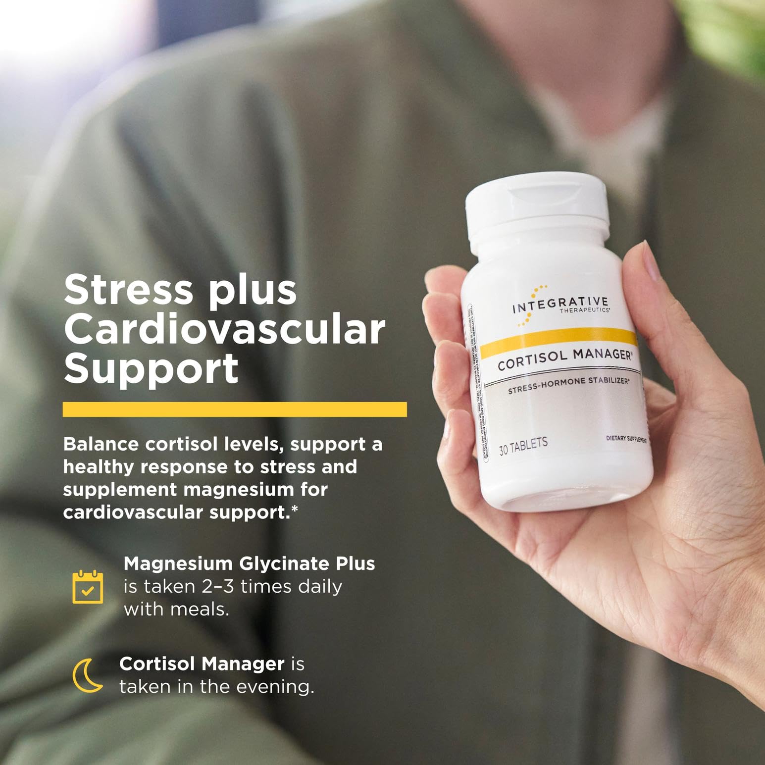 Cortisol Manager Integrative Therapeutics – étiquette et informations claires sur le produit.