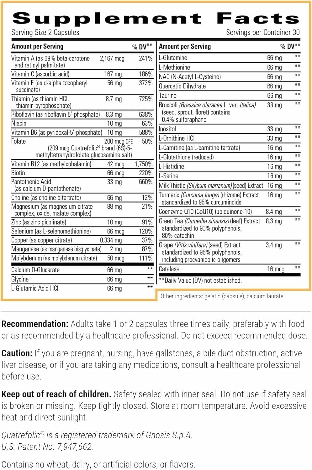 Integrative Therapeutics Detoxification Factors – etiquette: aperçu des ingrédients clés et leurs effets potentiels sur l'organisme.