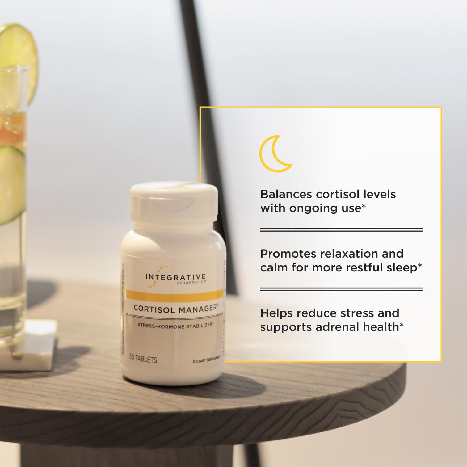 Gélules Cortisol Manager Integrative Therapeutics, capsules visibles, usage quotidien face au stress.