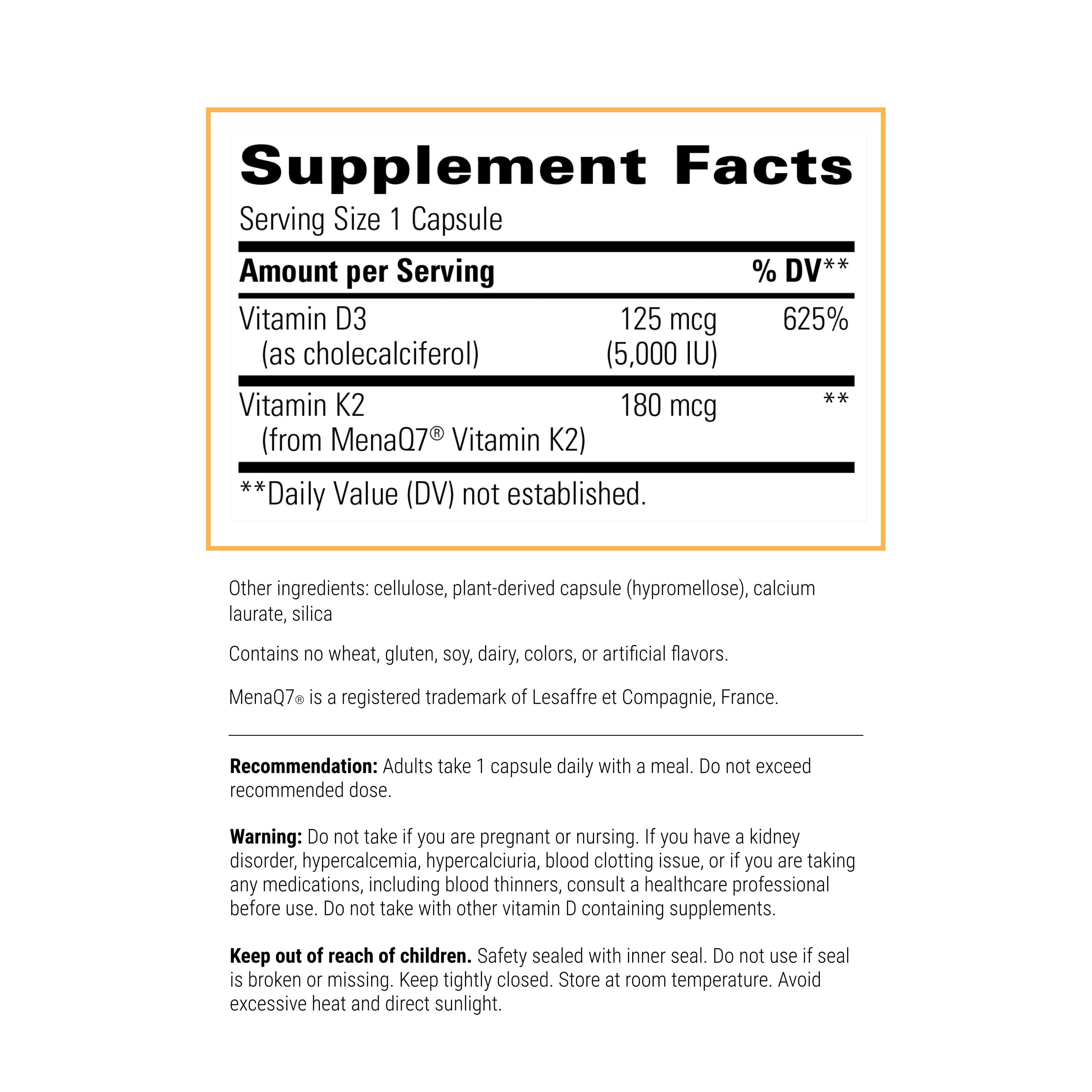 Étiquette récapitulative sur la bouteille K2+D3, dosage et bienfaits possibles.