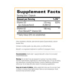 Étiquette récapitulative sur la bouteille K2+D3, dosage et bienfaits possibles.