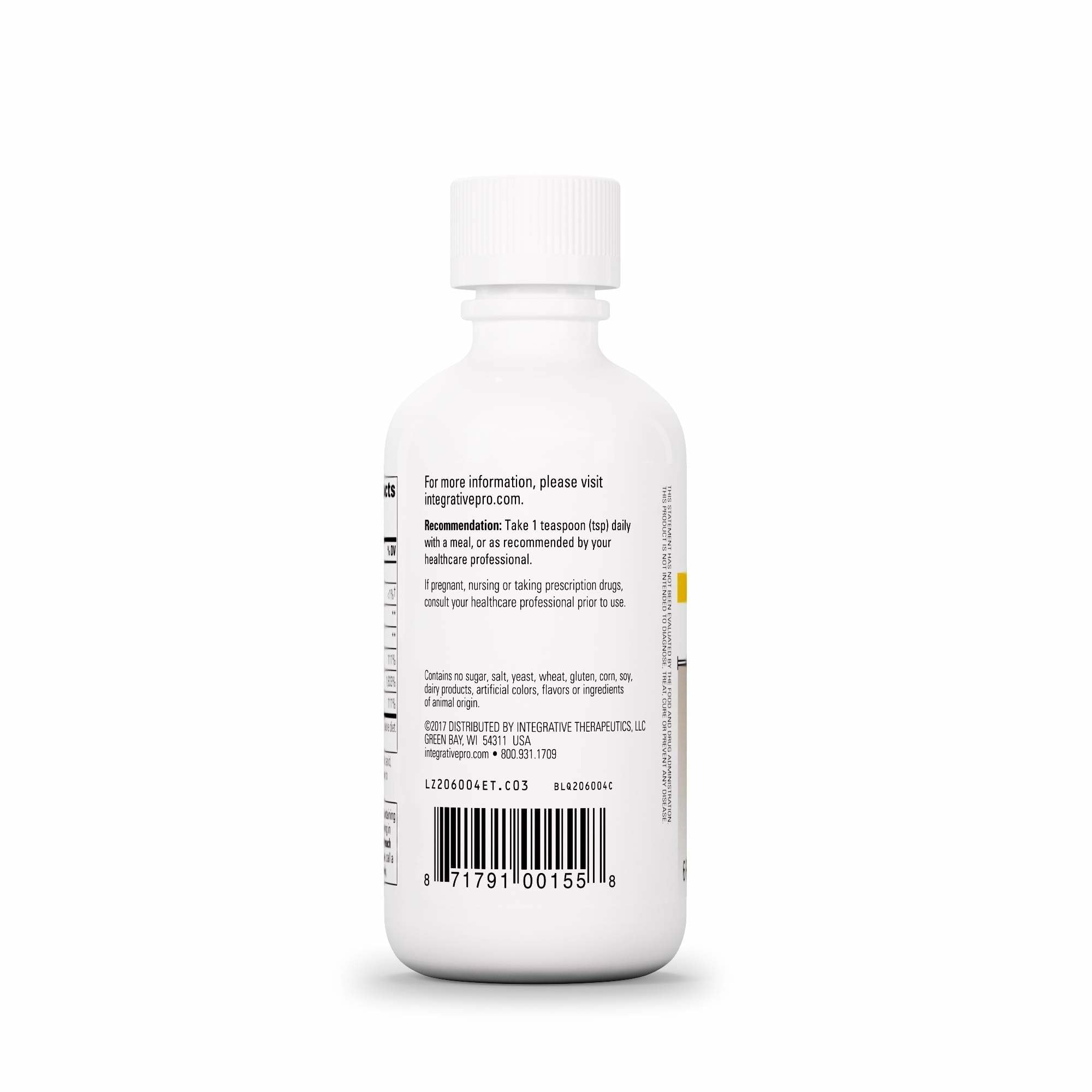 Integrative Therapeutics Liquid Iron flacon transparent montrant le volume.