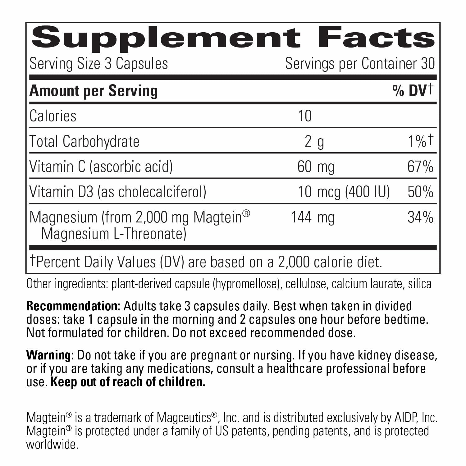 Intégrative Therapeutics Magtein L-Thréonate Plus — capsules utilisées pour soutenir la mémoire et le sommeil