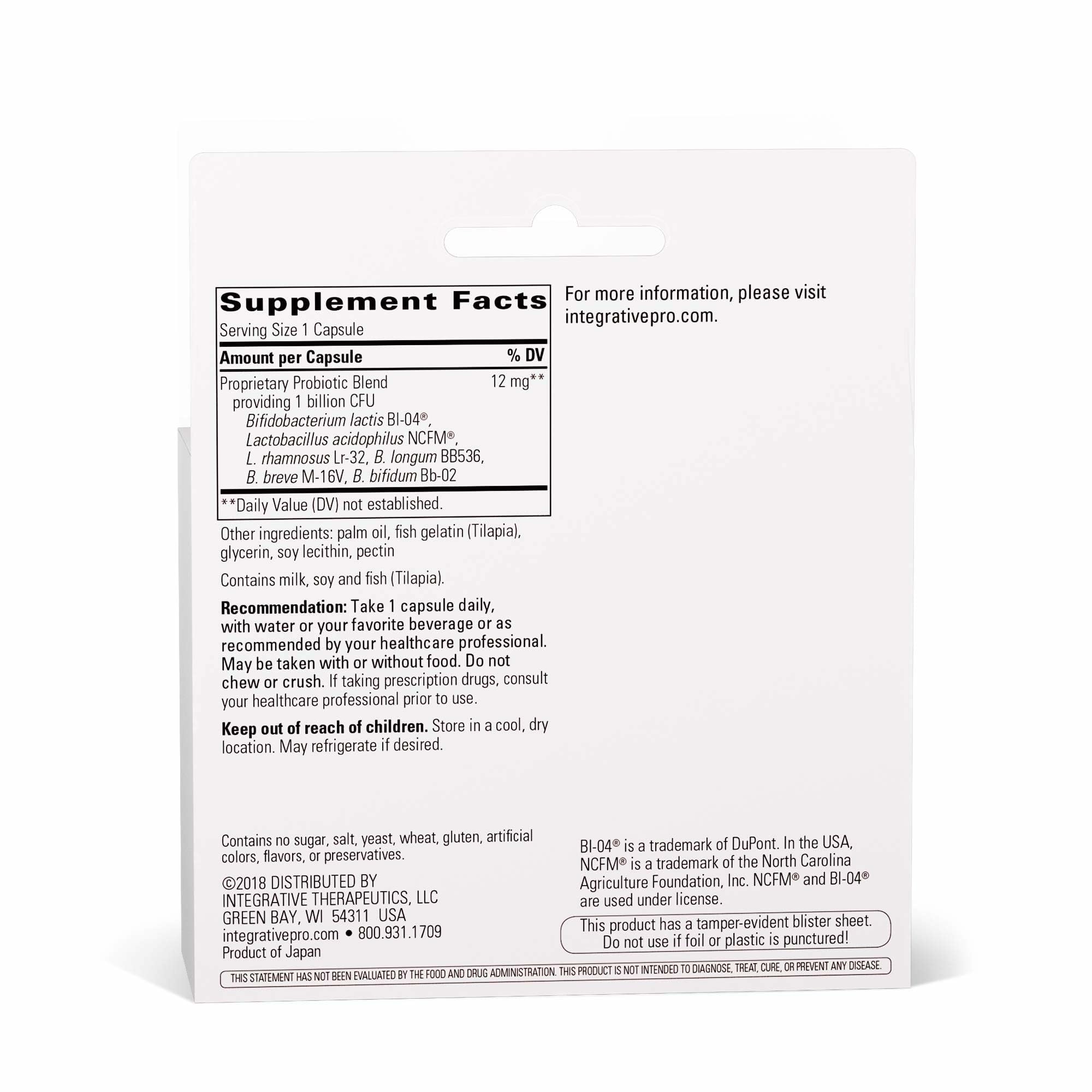 Perles probiotiques Pro-Flora d Integrative Therapeutics — emballage et petites perles, favorisent un équilibre intestinal.