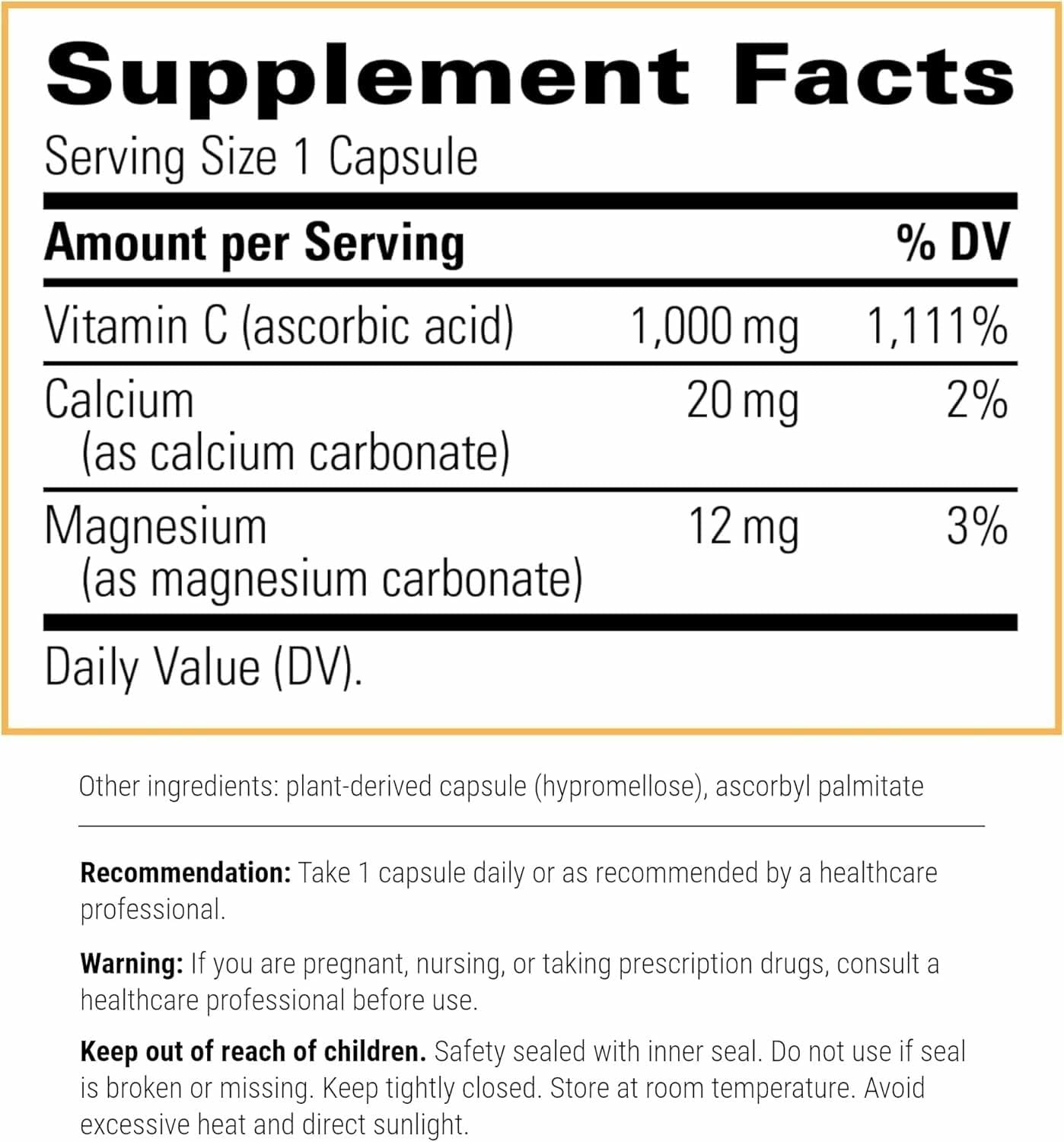 Étiquette Vitamine C tamponnée Integrative Therapeutics et liste des ingrédients.