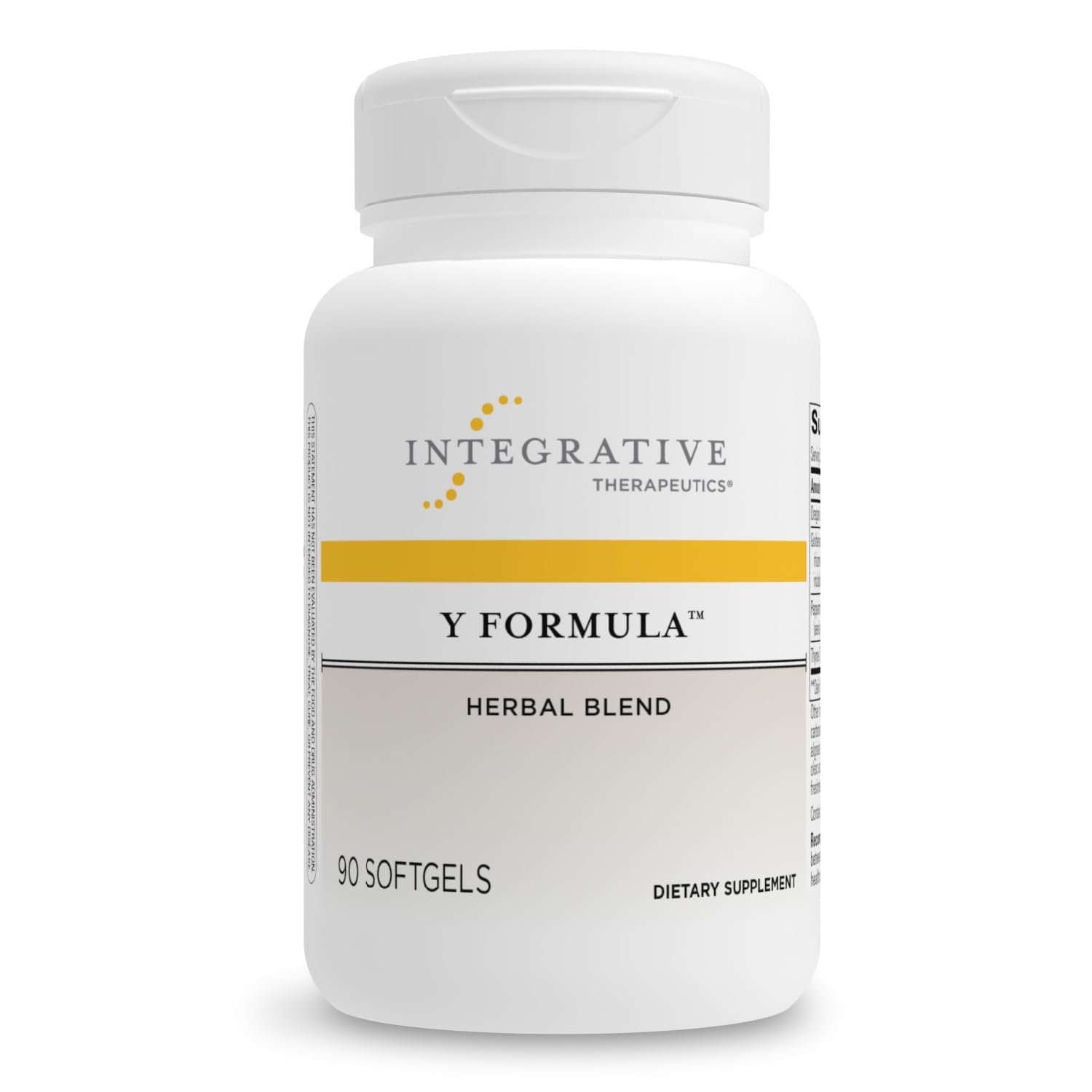 Integrative Therapeutics Y Formula — bouteille et versement, soutien intestinal potentiel après les repas.