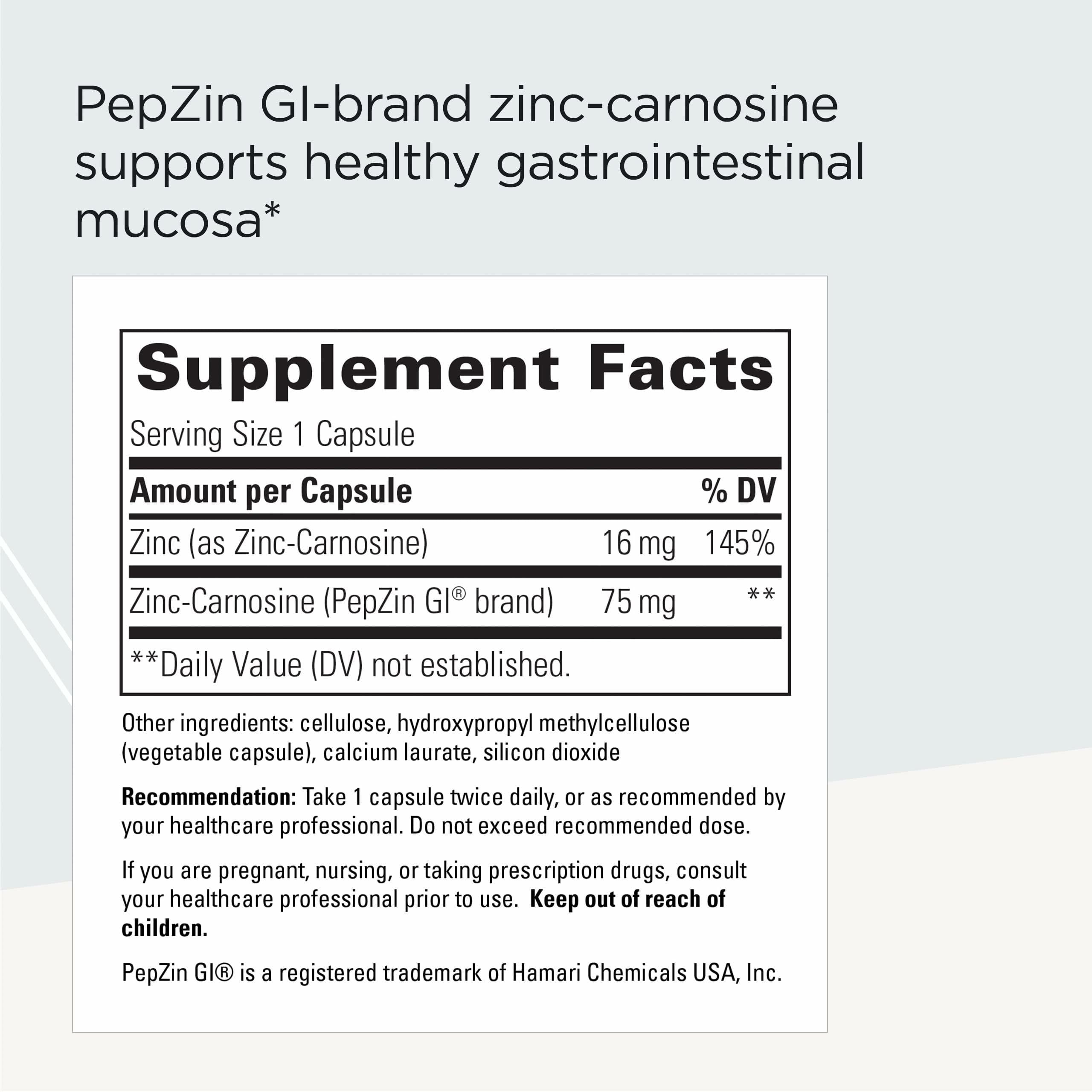 Capsules zinc-carnosine Integrative Therapeutics, dose quotidienne pour le confort digestif
