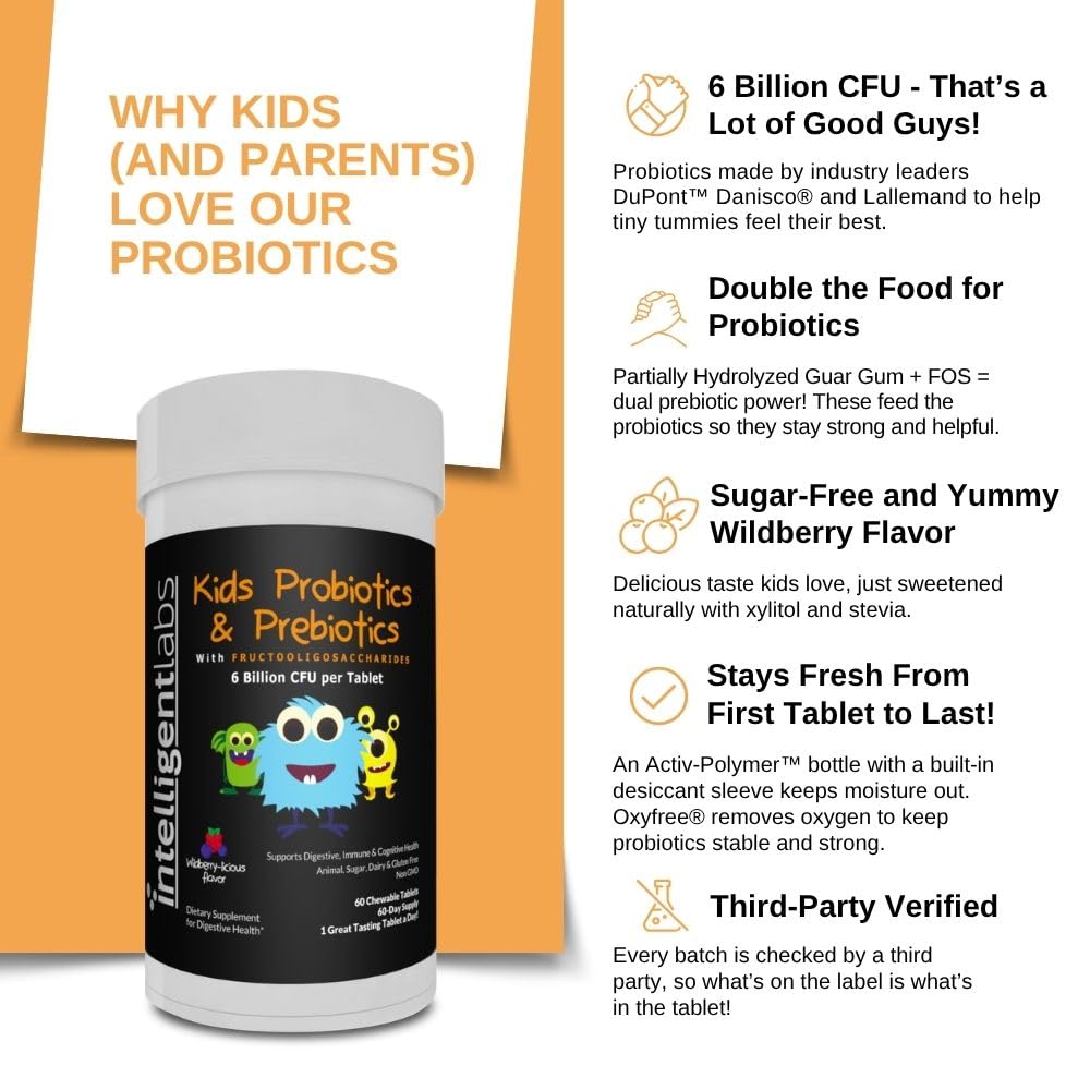 Intelligent Labs Probiotiques Enfants – prébiotiques inclus, synbiotique pour efficacité potentielle.