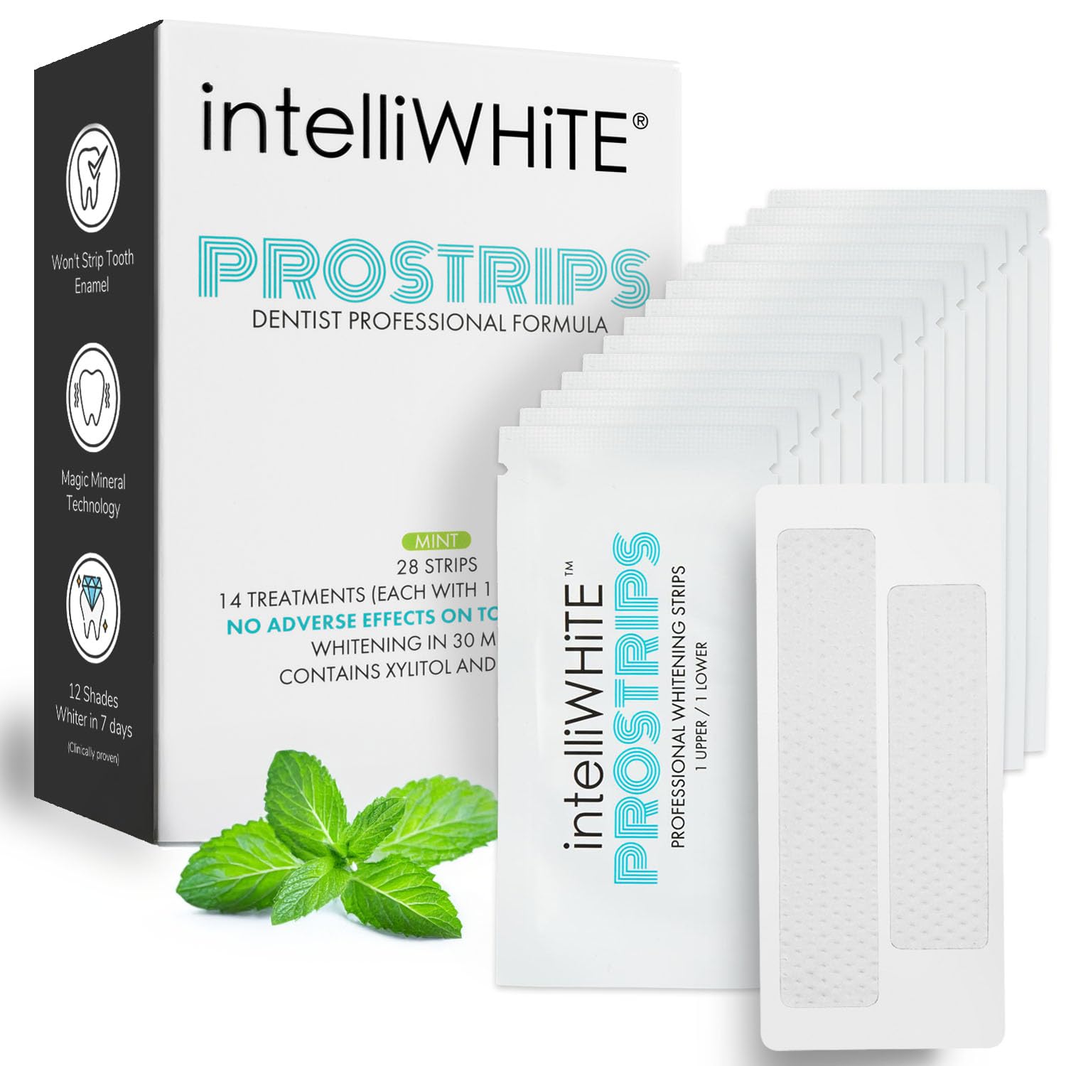 Intelliwhite ProStrips emballage pratique pour un blanchiment à domicile en toute sécurité.