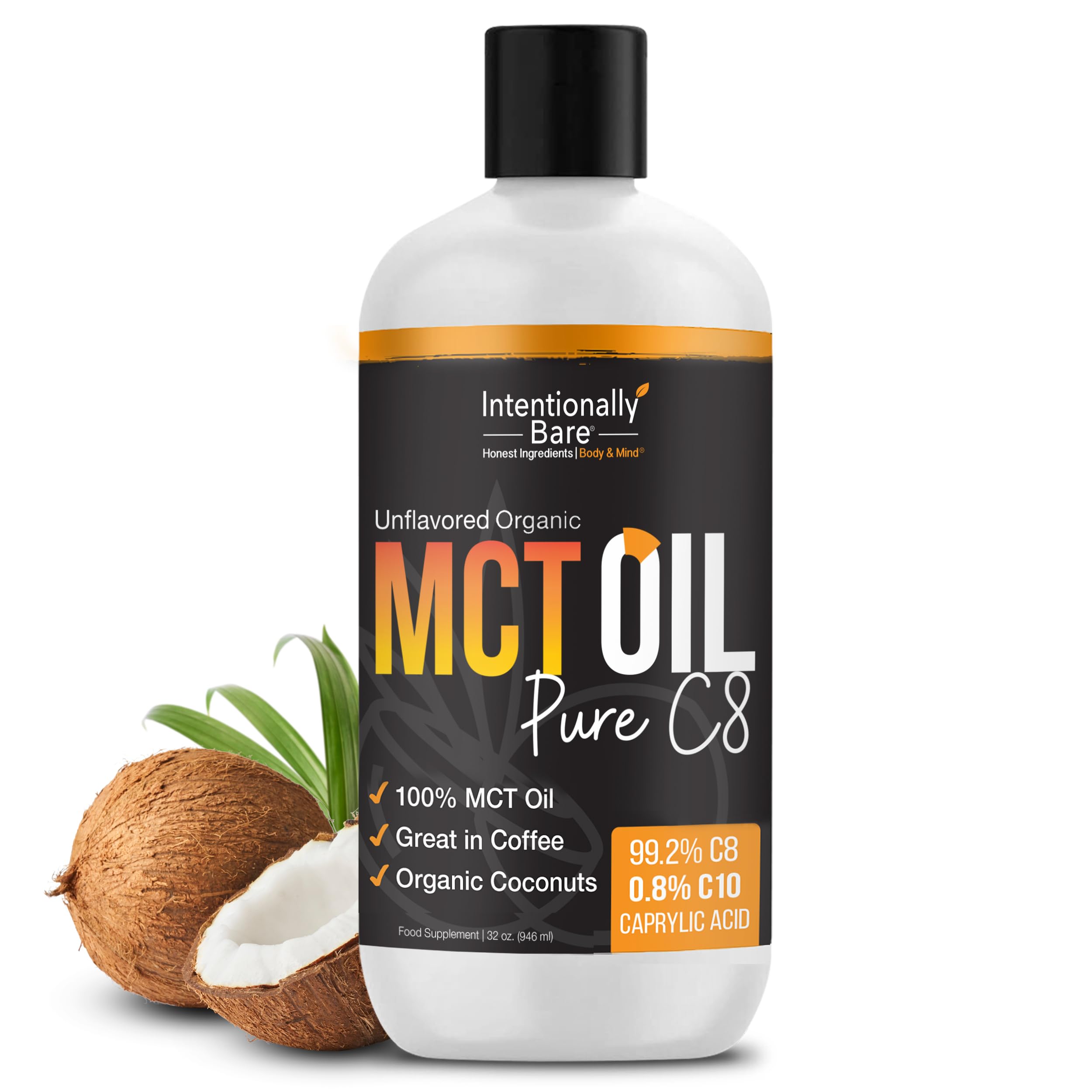 Intentionally Bare Huile MCT: bouteille affichant étiquette biologique et goût neutre.