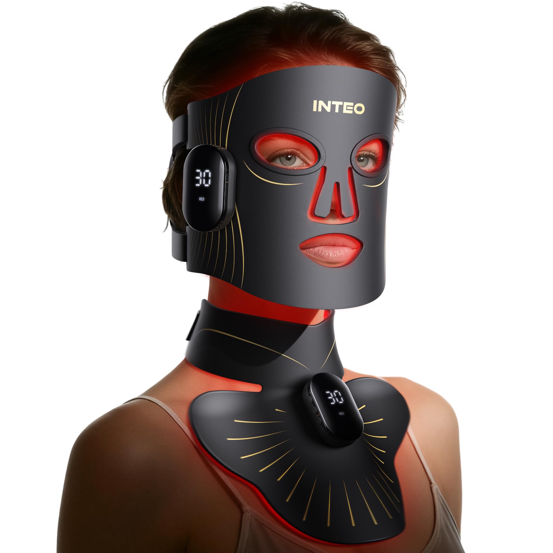 INTEO Masque lumière rouge : couverture complète visage et cou pour une utilisation polyvalente.