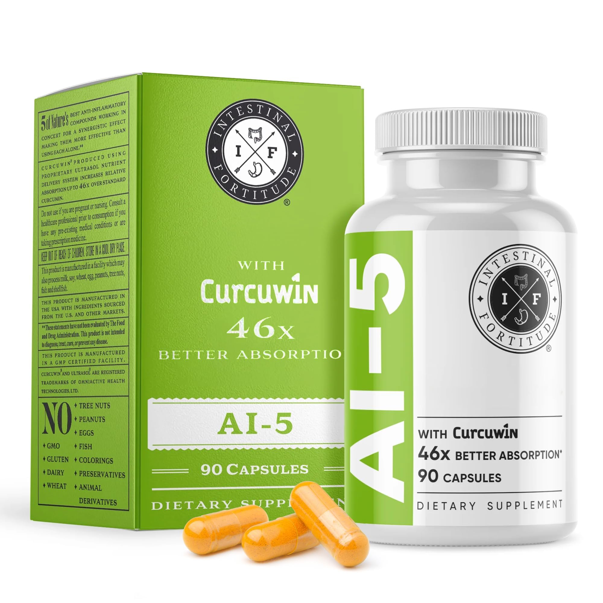 Intestinal Fortitude AI-5, bouteille CurcuWIN et Curcuma, soutien potentiel à l’absorption des nutriments.