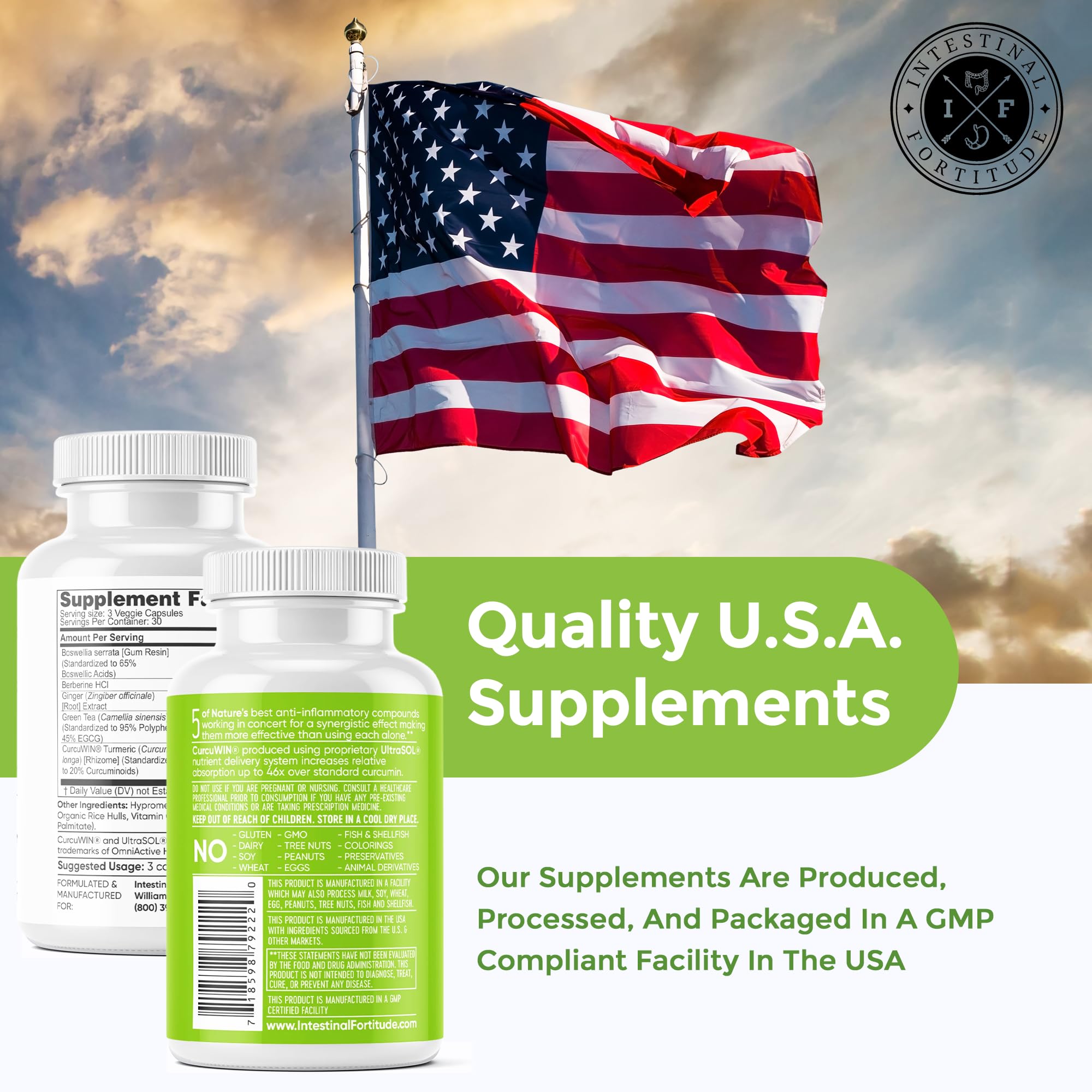 Intestinal Fortitude AI-5, produit non-OGM, formulé sans allergènes courants.