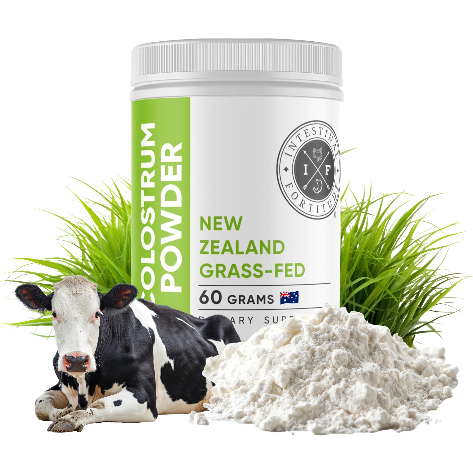 Intestinal Fortitude Colostrum poudre en flacon, soutien immunitaire potentiel et santé intestinale.