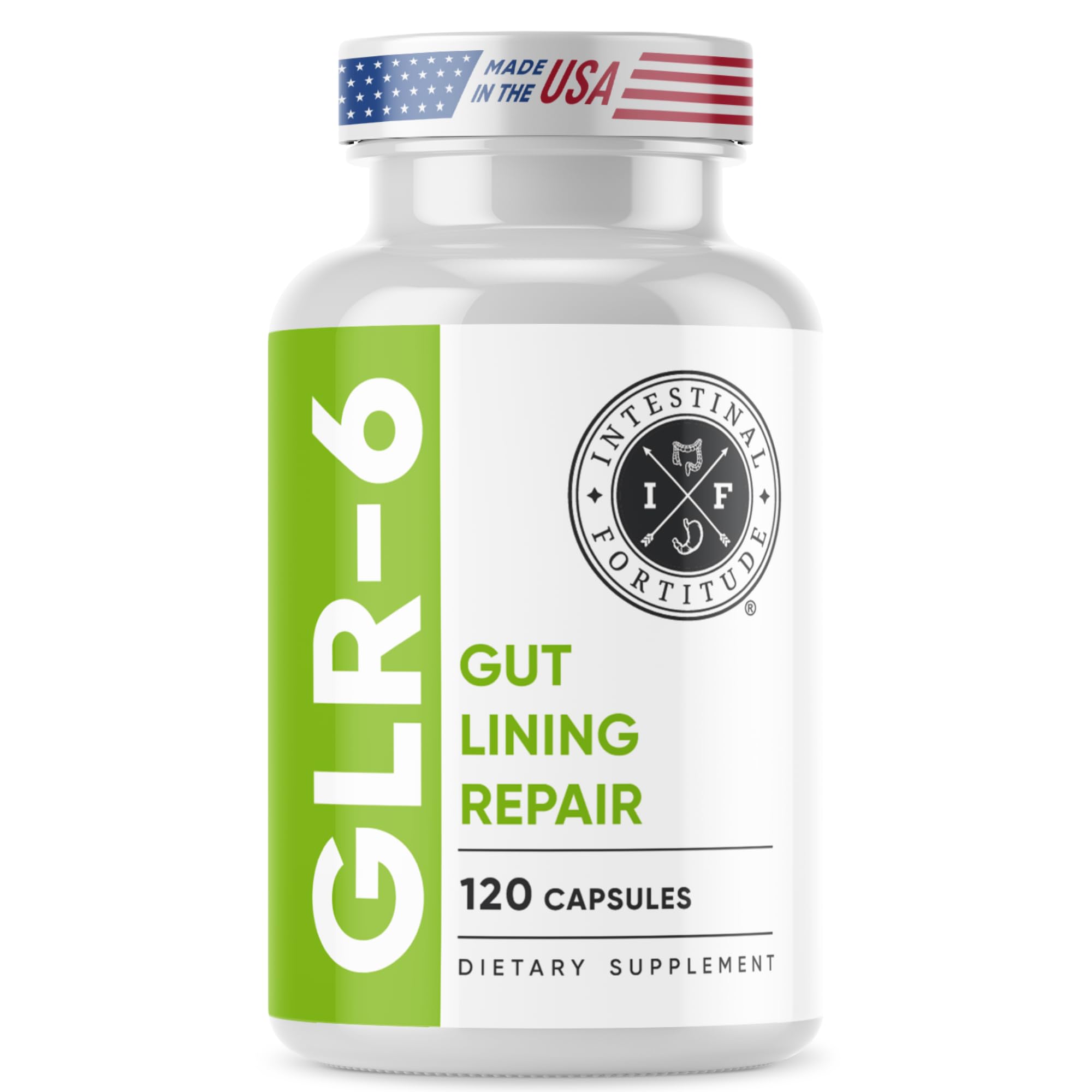 Intestinal Fortitude GLR-6 – bouteille et étiquette indiquant le soutien digestif potentiel
