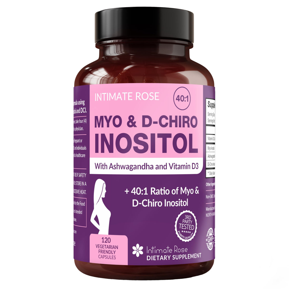 Intimate Rose Myo-Inositol et D-Chiro-Inositol – bouteille, soutien potentiel à l'équilibre hormonal.
