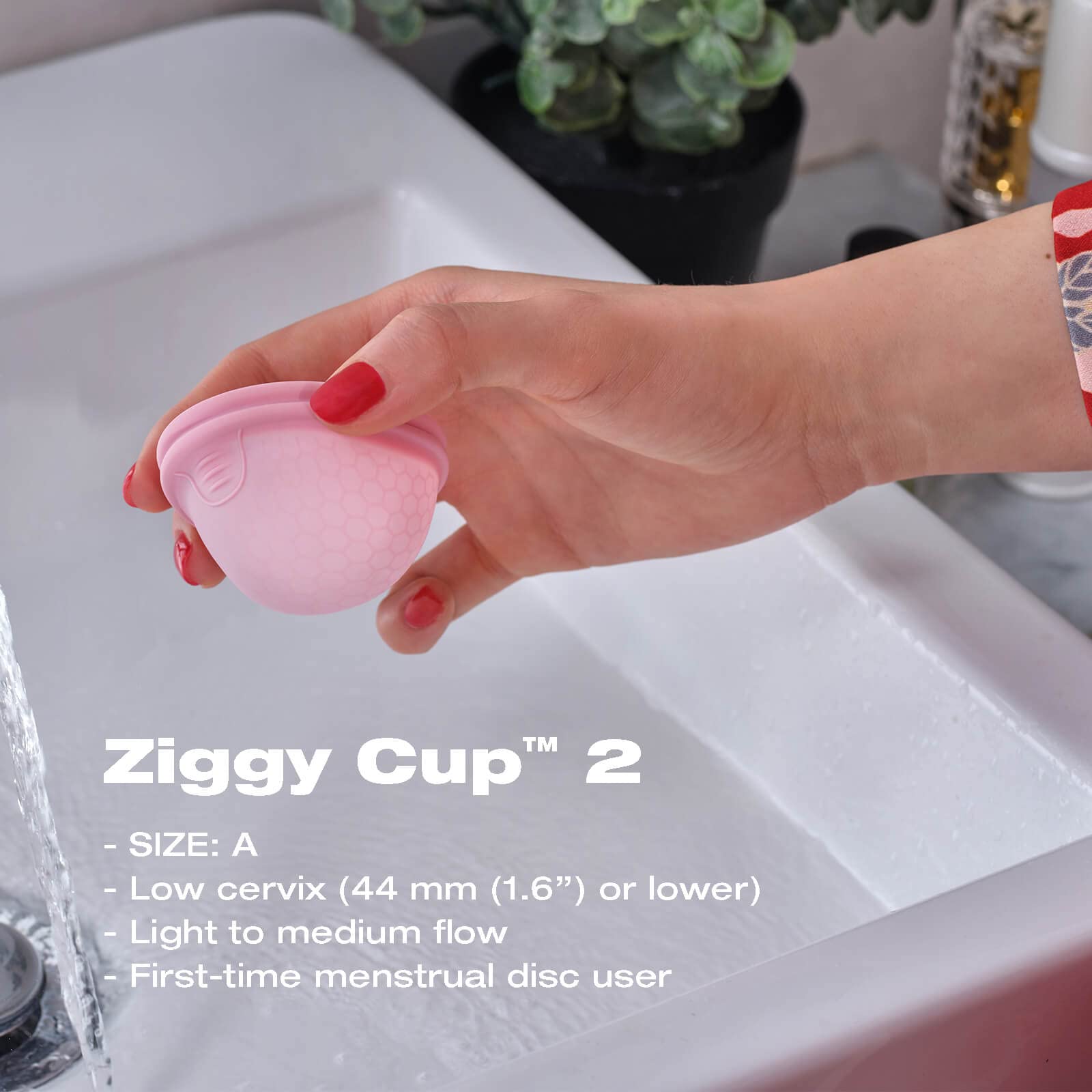INTIMINA Ziggy Cup 2: tailles A et B adaptées à différents flux et position du col.