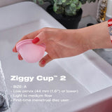INTIMINA Ziggy Cup 2: tailles A et B adaptées à différents flux et position du col.