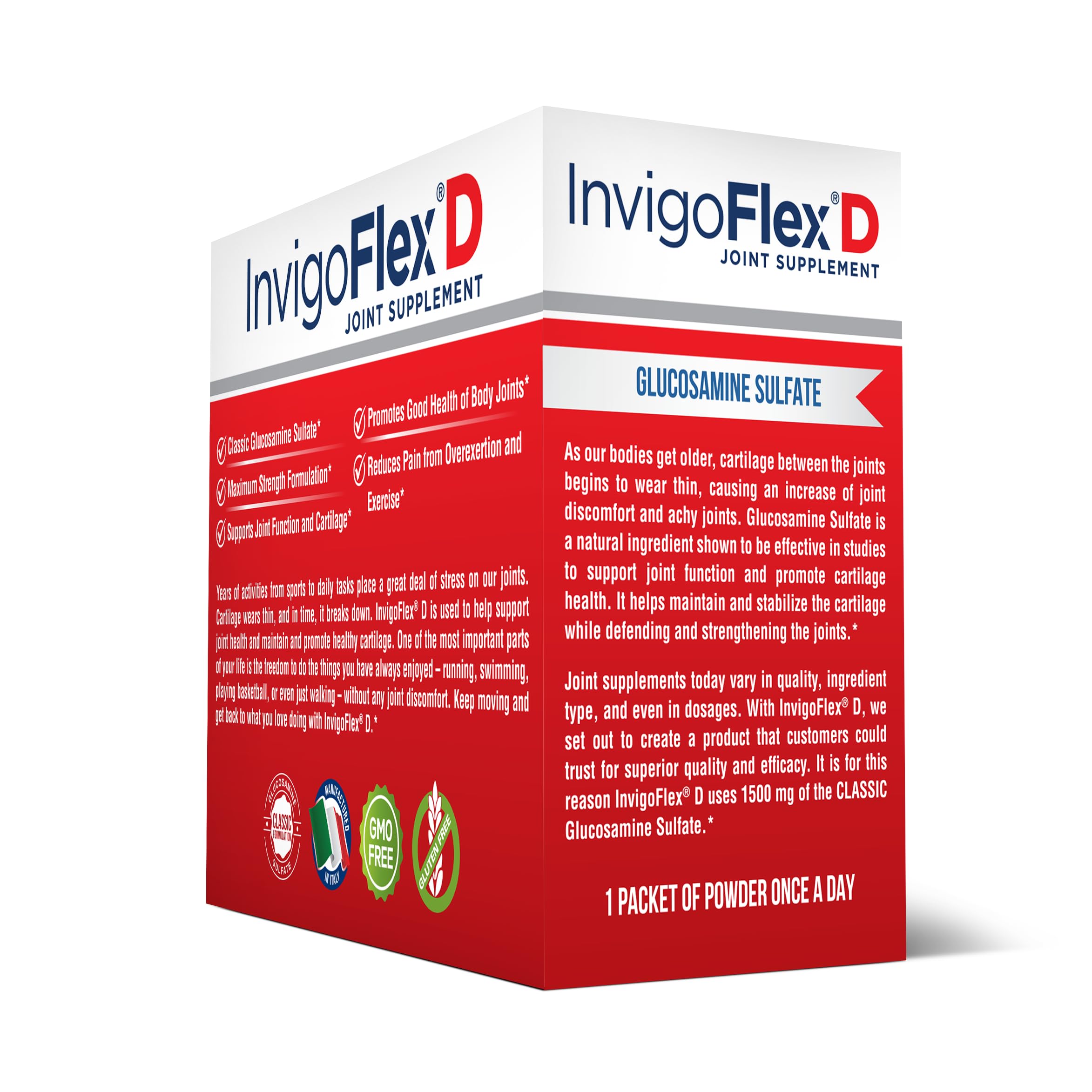 Boîte InvigoFlex glucosamine sulfate, emballage clair et pratique à ranger.