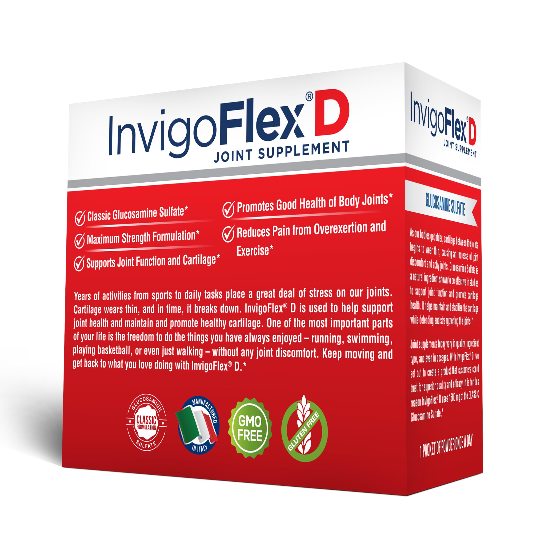 InvigoFlex glucosamine sulfate, sachets 90, emballage pratique pour routines quotidiennes.