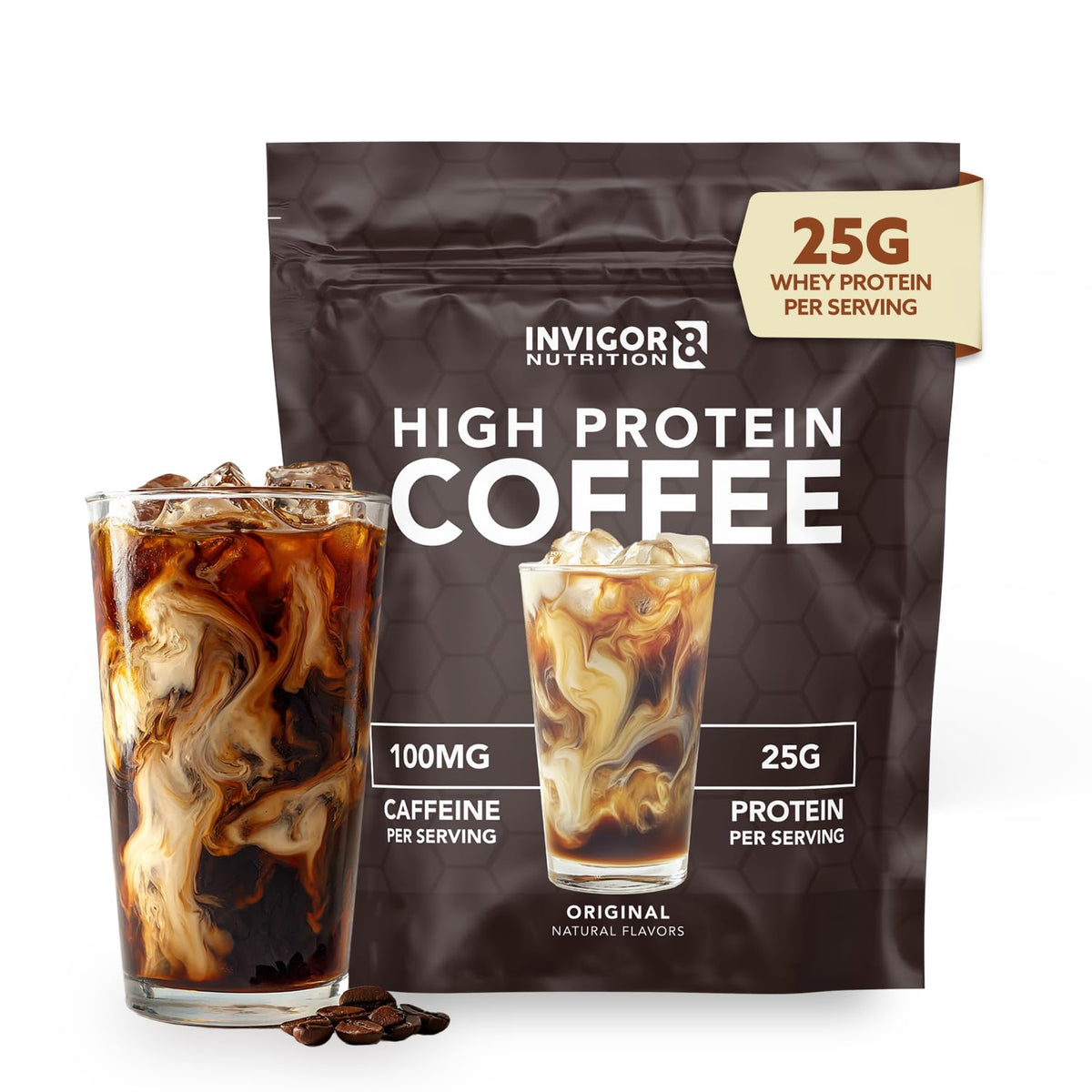 INVIGOR8 poudre café protéine colombienne pour une dégustation lisse et savoureuse.