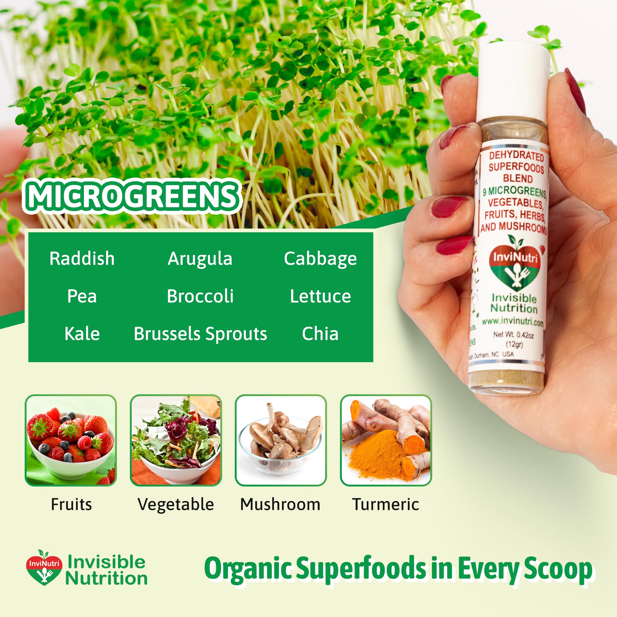 InviNutri neuf microgreens – ingrédients colorés pour une alimentation naturelle.