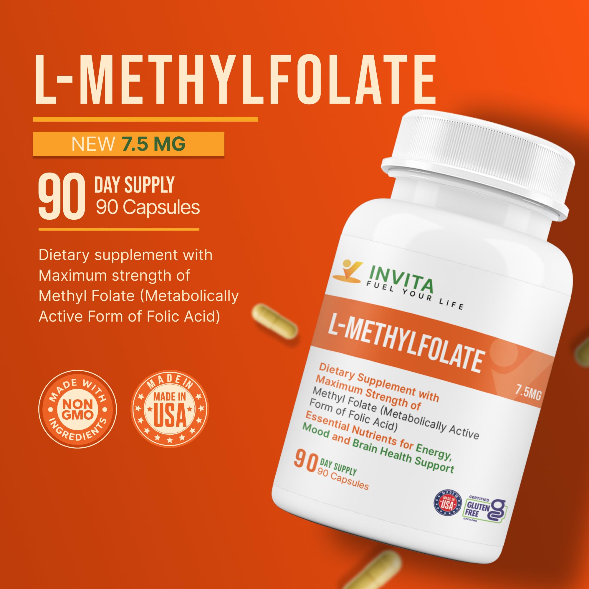 INVITA L-Methylfolate: étiquette claire indiquant qualité non-GMO.