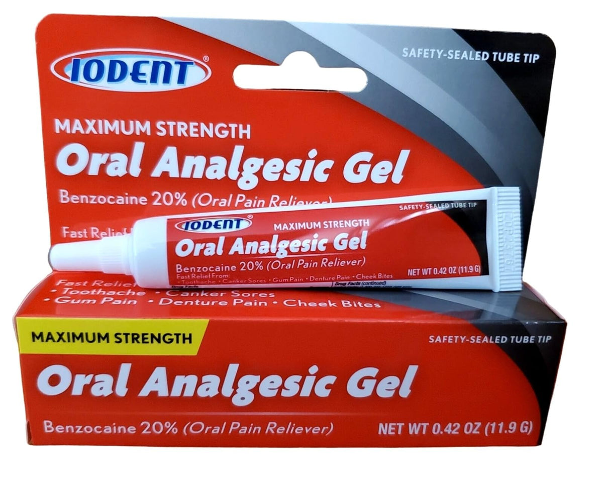 IODENT gel analgésique buccal pour douleur dentaire, application ciblée.