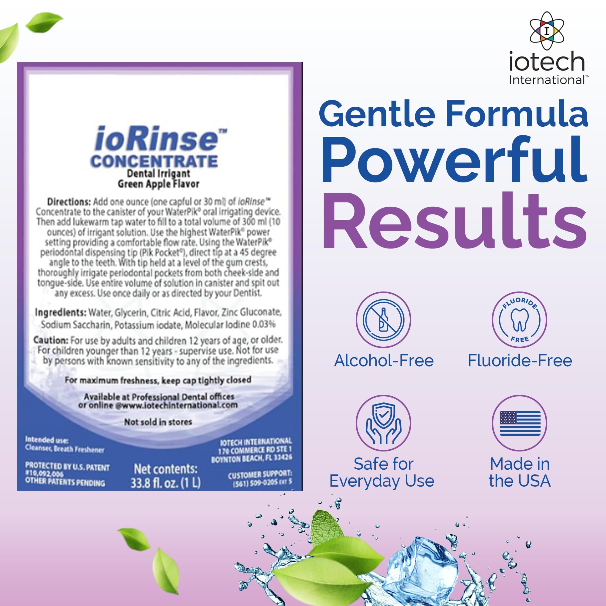 ioRinse: formule concentrée sans alcool ni fluor pour un soin doux.