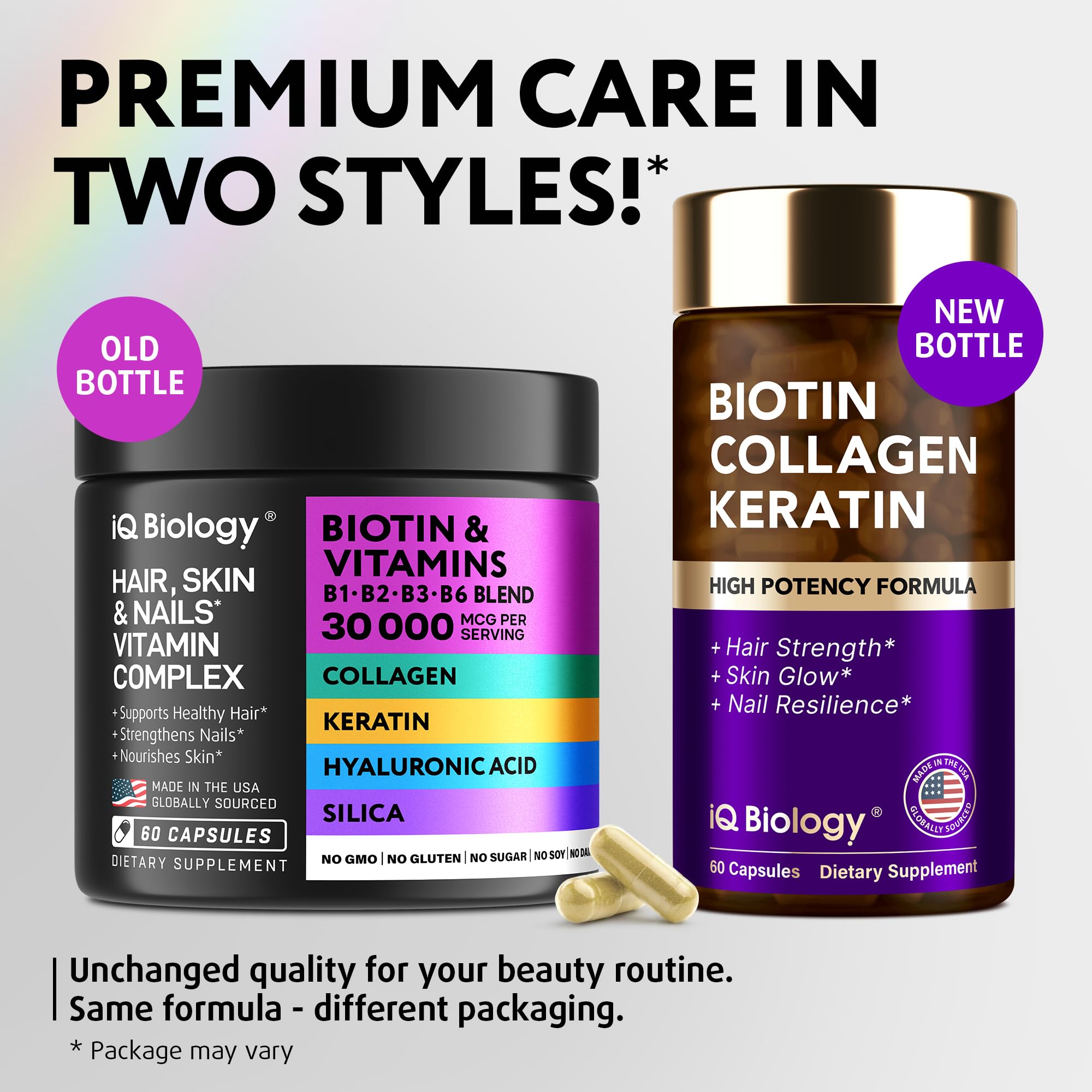 IQ BIOLOGY Biotine-collagene-keratine - ingrédients visibles, soutien potentiel pour peau.