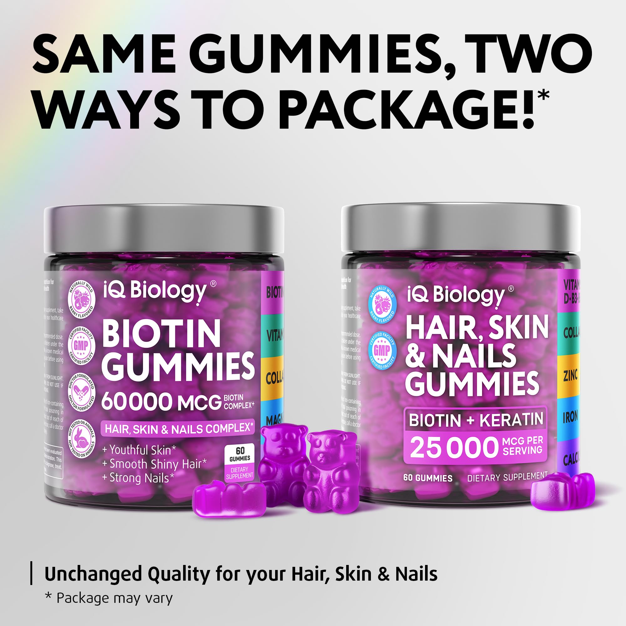IQ Biology gommes biotine: brillance cheveux et peau grace à la formule enrichie.