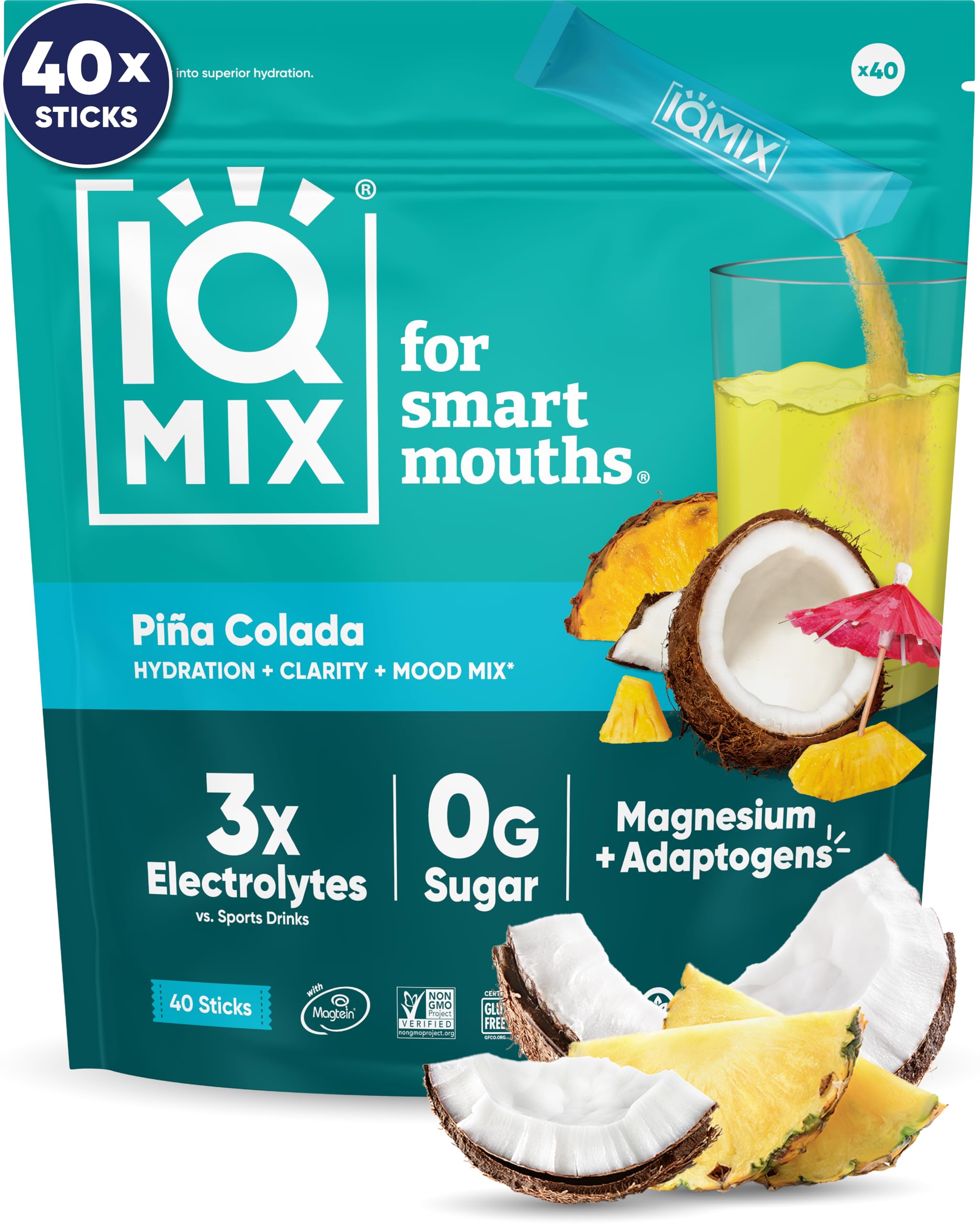 IQMIX Poudre électrolyte Pina Colada dans une bouteille, hydratation rapide et goût agréable.