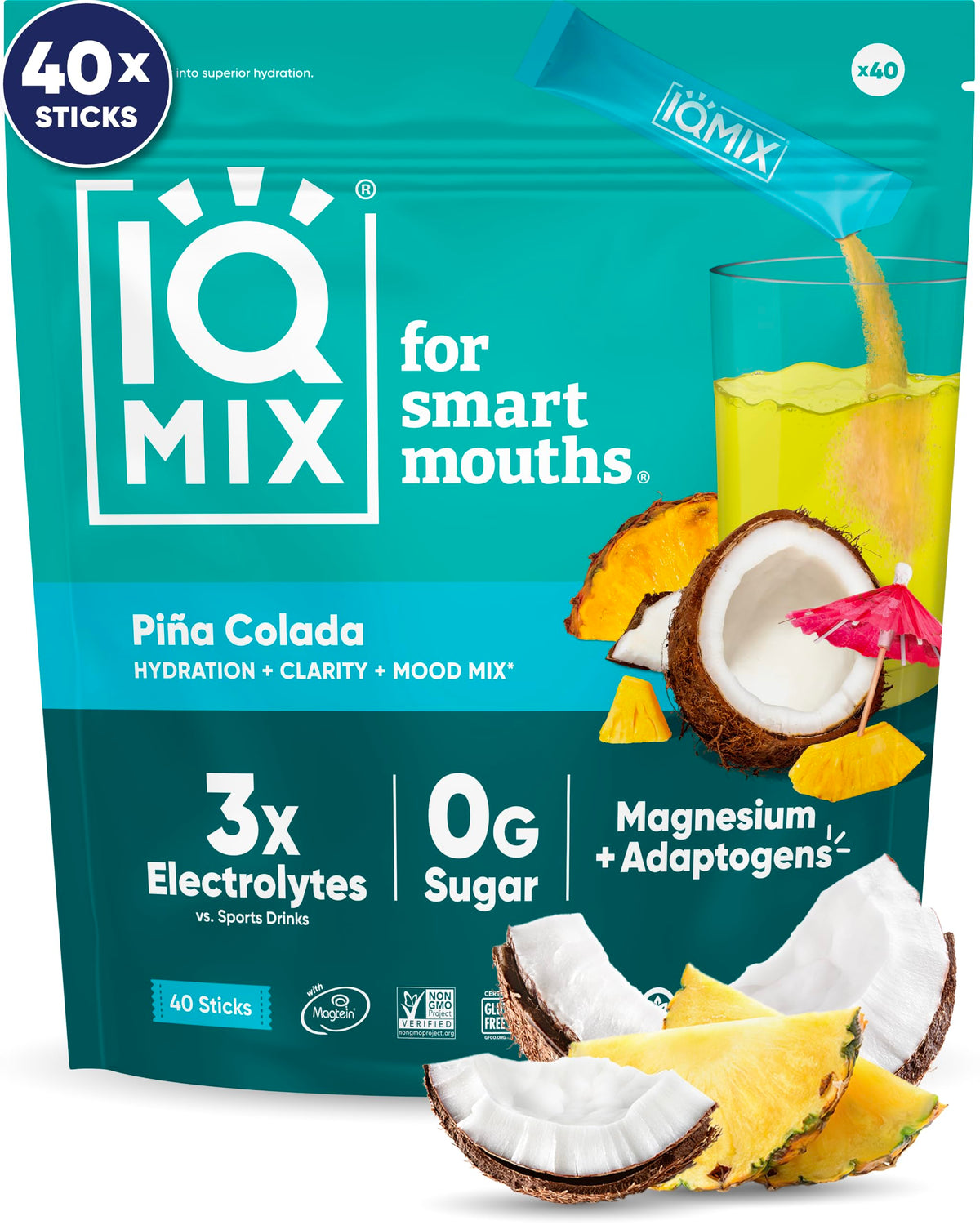 IQMIX Poudre électrolyte Pina Colada dans une bouteille, hydratation rapide et goût agréable.