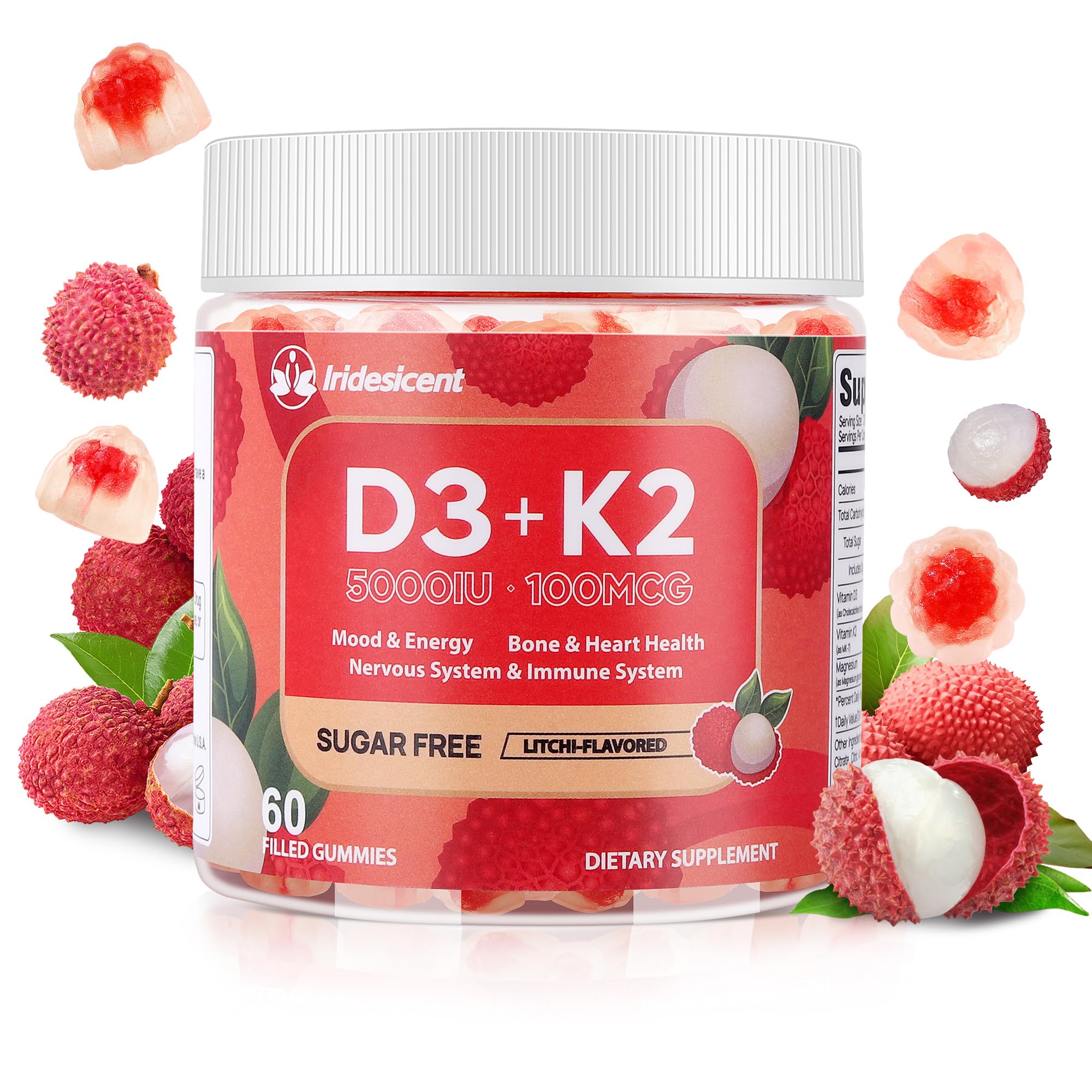 Gommes IRIDESICENT D3 K2 lychee dans la bouteille, pratique pour la routine quotidienne.