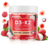 Gommes IRIDESICENT D3 K2 lychee dans la bouteille, pratique pour la routine quotidienne.