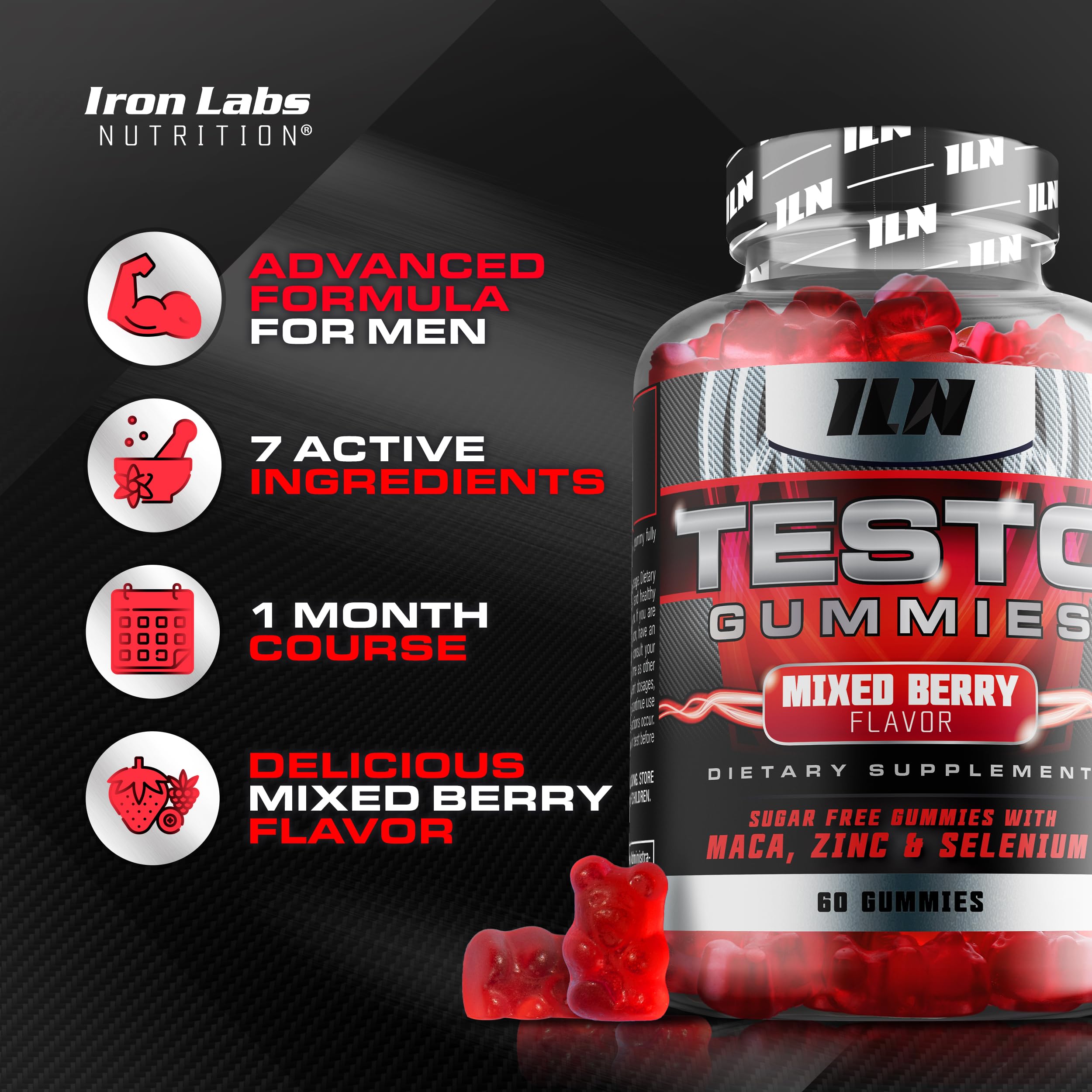 Étiquette du produit TestoGummies d'Iron Labs Nutrition affichant les ingrédients clés.