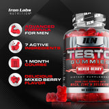 Étiquette du produit TestoGummies d'Iron Labs Nutrition affichant les ingrédients clés.