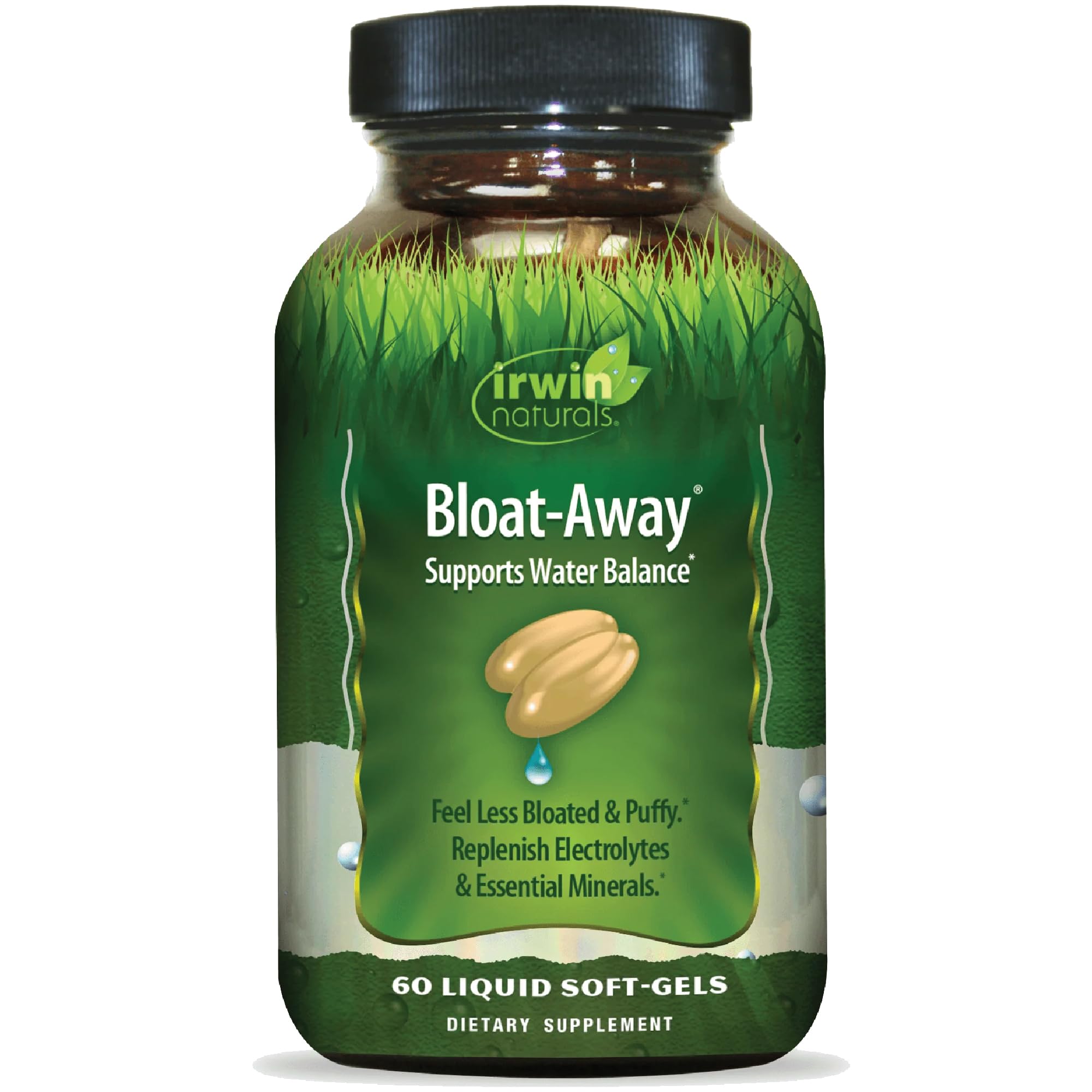 Irwin Naturals Bloat-Away, bouteille centrale visible, soutien potentiel à l'équilibre hydrique après exercice